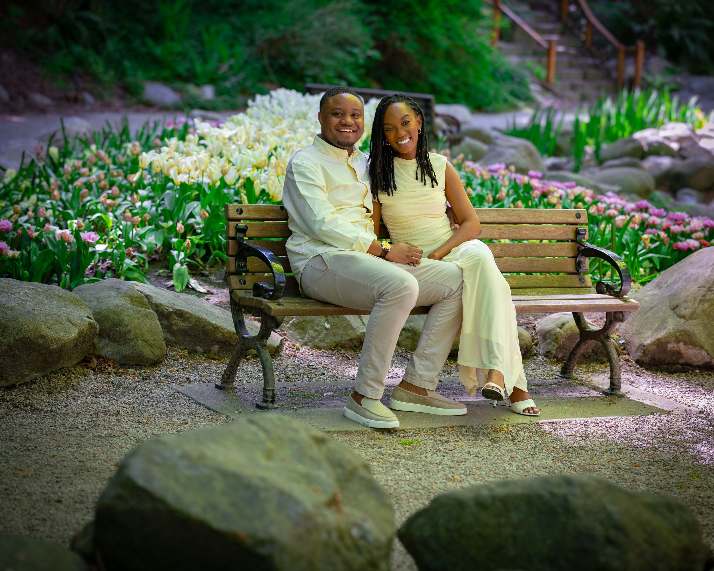 Couple embracing during a romantic save-the-date photography session at Sendall Gardens in Langley, British Columbia.