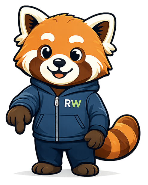 Cartoon red panda character wearing a blue hoodie with 'RW' on it, pointing its finger, smiling.