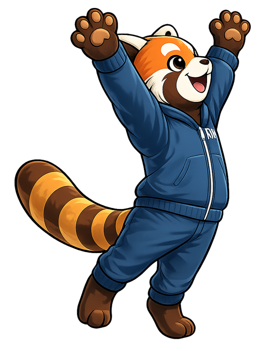 Cartoon raccoon character raising its arms, wearing a blue jumpsuit, with a striped tail and expressive face.