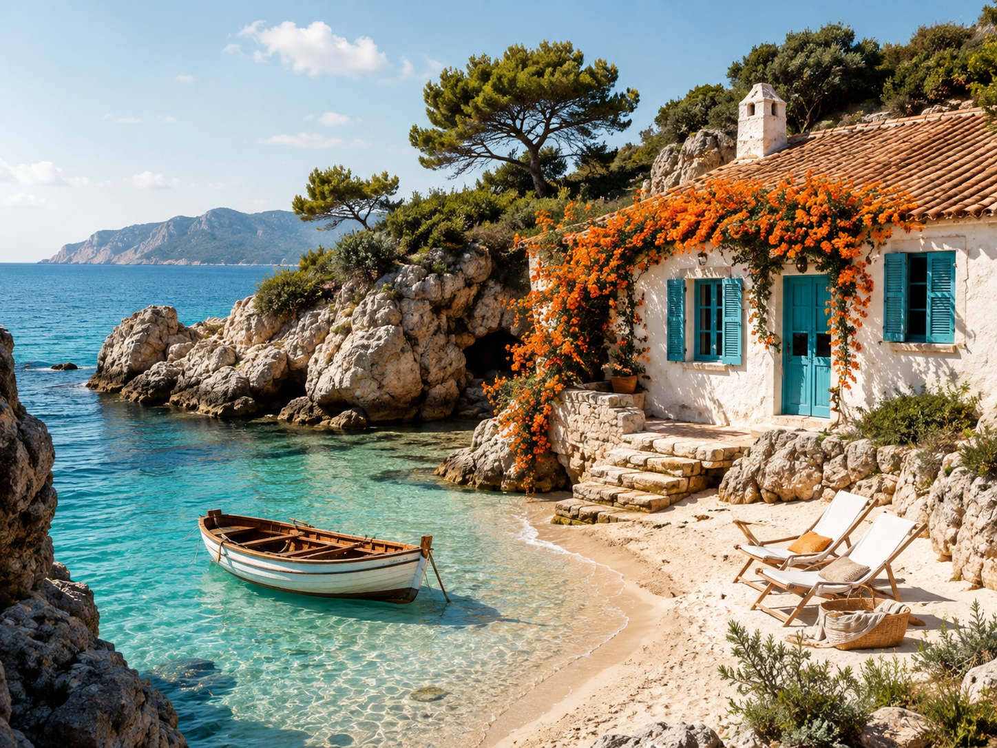 Sunlit Mediterranean coastal cottage beside clear turquoise water with flowering vines and a small boat.