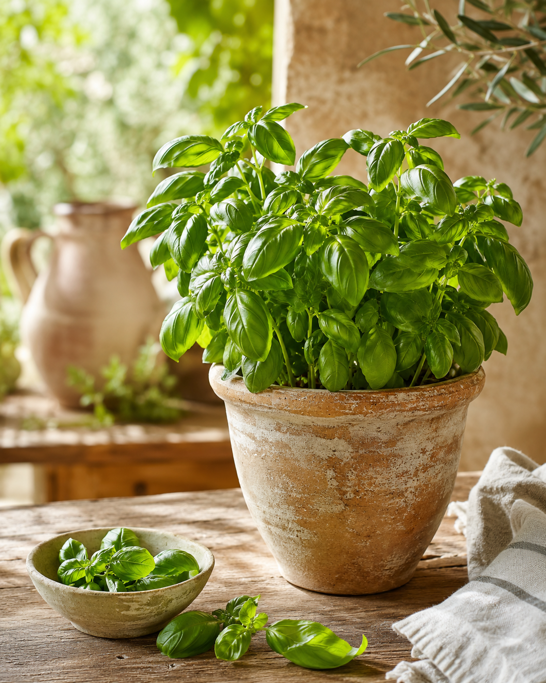Fresh basil growing in a rustic terracotta pot in warm sunlight.