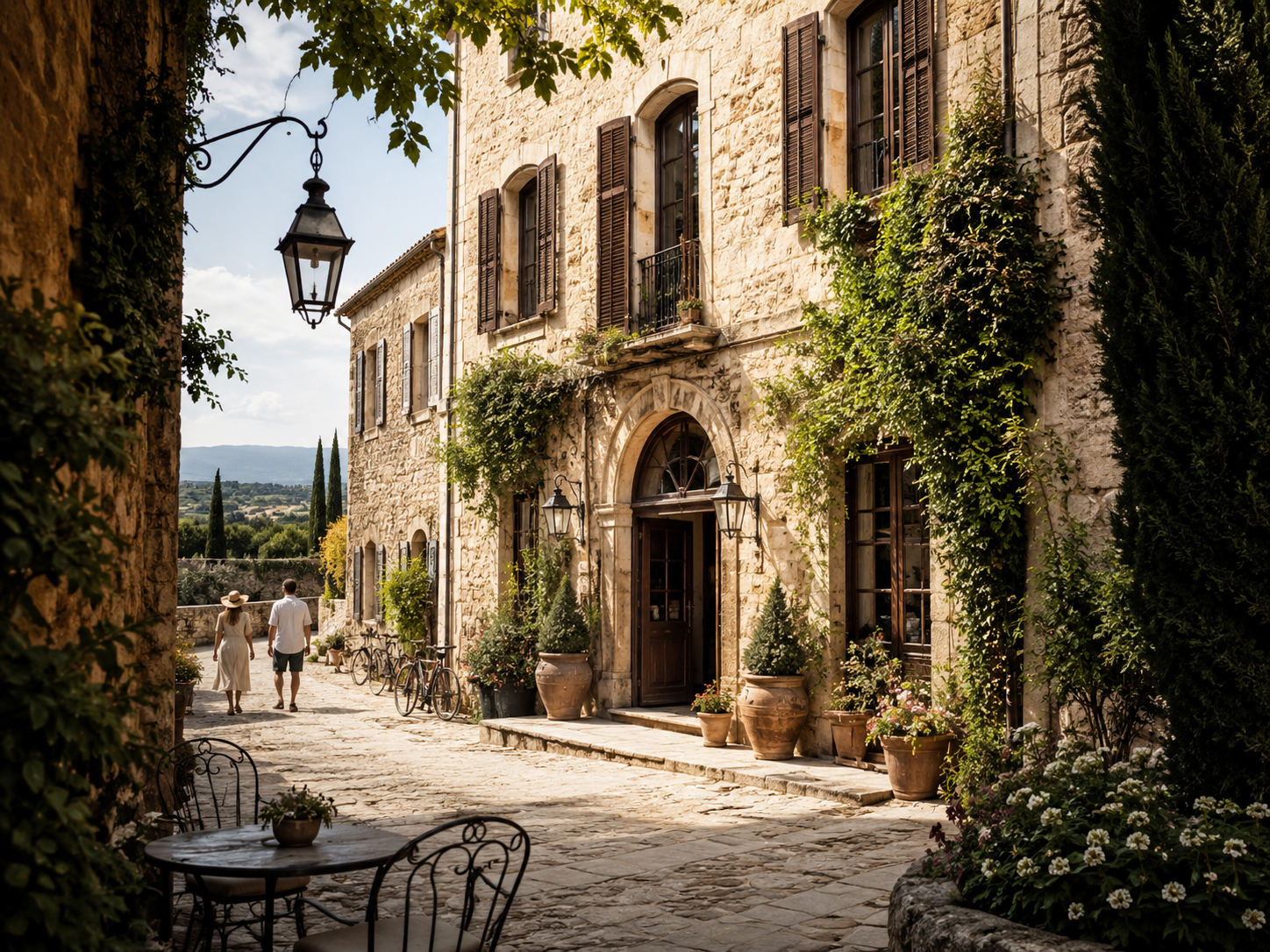 Sunlit stone hotel on a quiet European village street with wooden shutters, climbing greenery, bicycles, and travelers walking nearby.