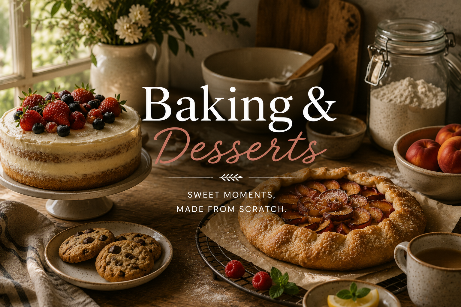Rustic baking table with berry cake, fresh fruit galette, chocolate chip cookies, flour, and seasonal fruit.
