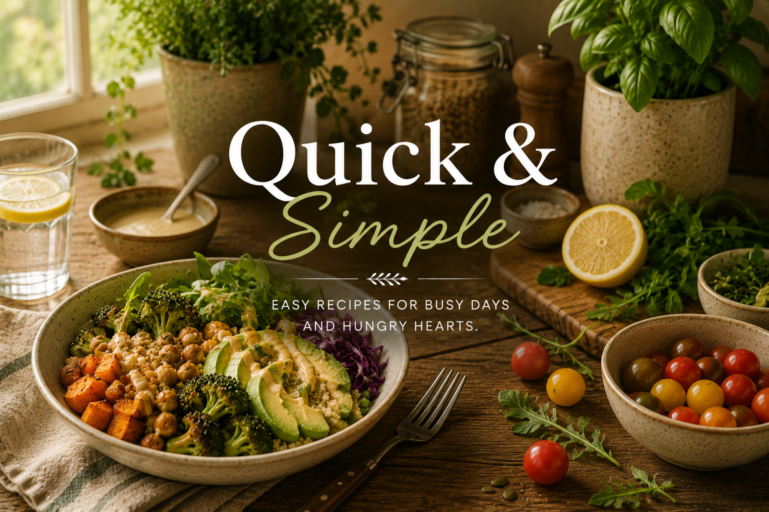Colorful grain bowl with avocado, roasted vegetables, chickpeas, fresh herbs, lemon, and tomatoes on a rustic table.