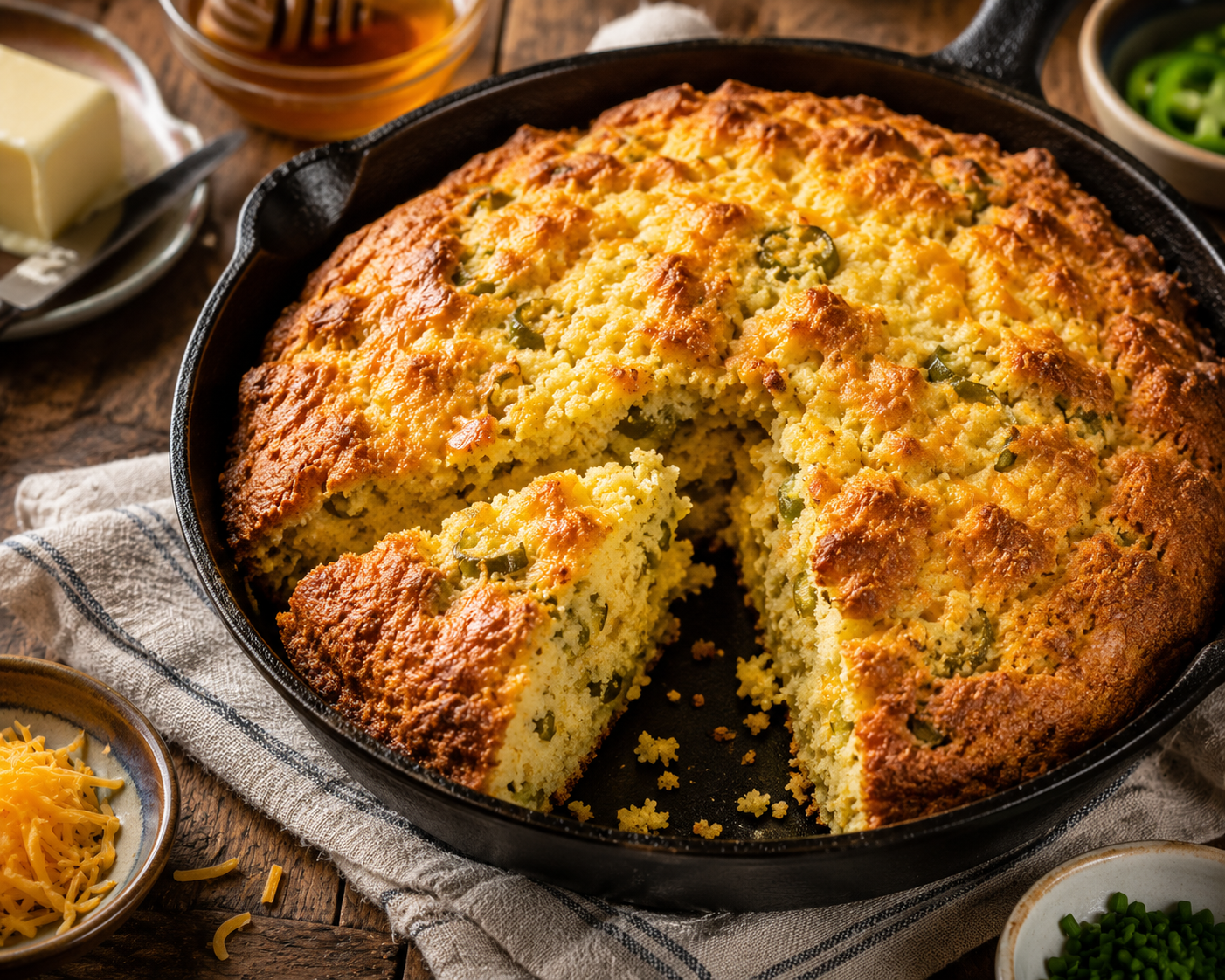Green chile cheddar cornbread baked in a cast-iron skillet with a golden, crisp top.