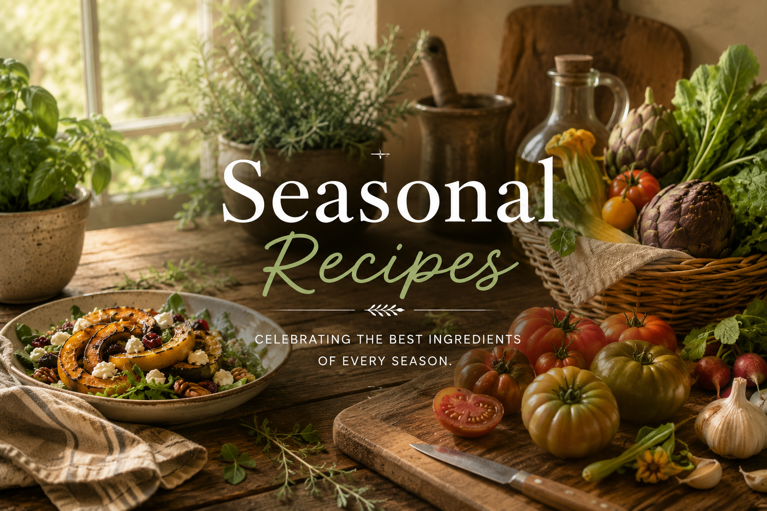 Seasonal vegetables and a fresh harvest salad arranged on a rustic kitchen table.