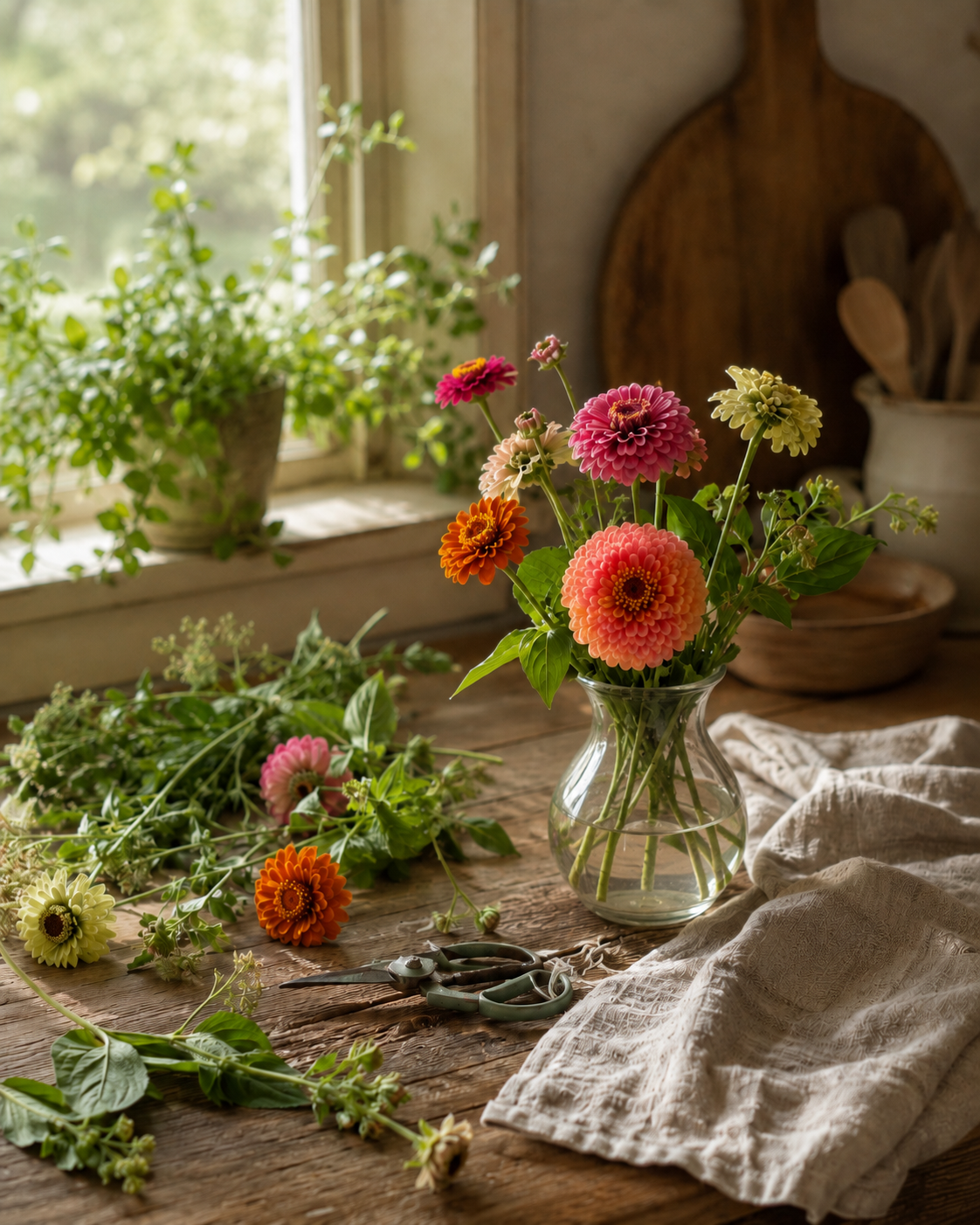 Freshly cut colorful garden flowers arranged in a glass vase on a rustic table with garden shears nearby.