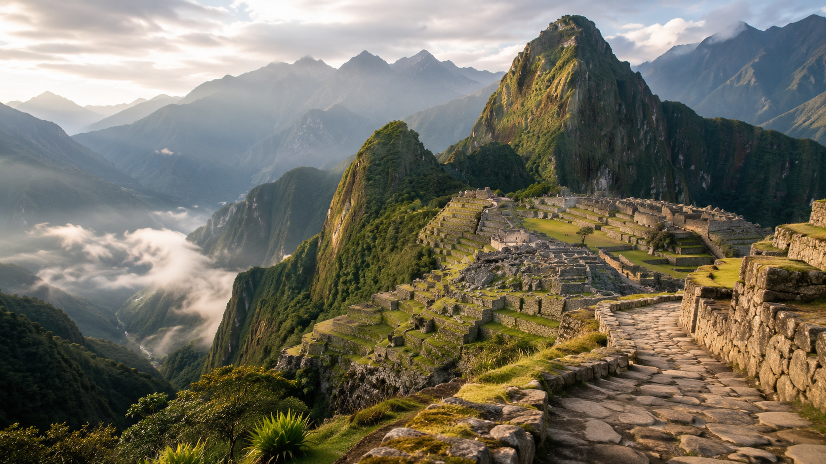 Machu Picchu ruins surrounded by dramatic green mountains and misty valleys in Peru.