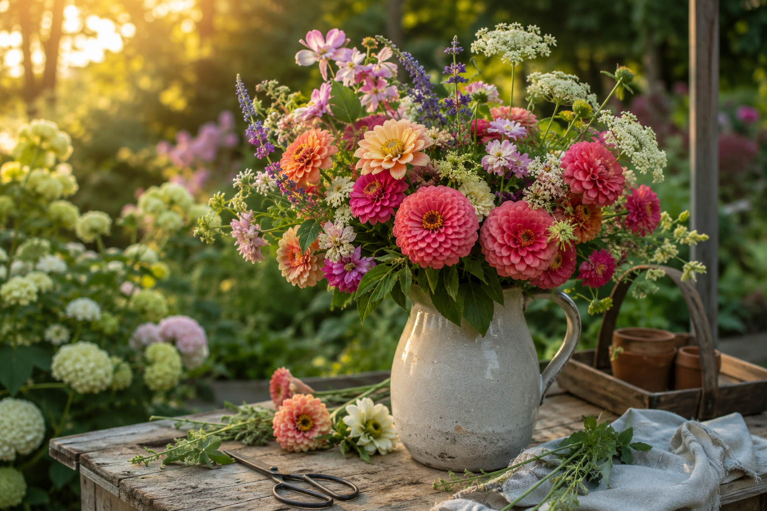 Colorful bouquet of fresh garden flowers arranged in a rustic ceramic pitcher outdoors in warm sunlight