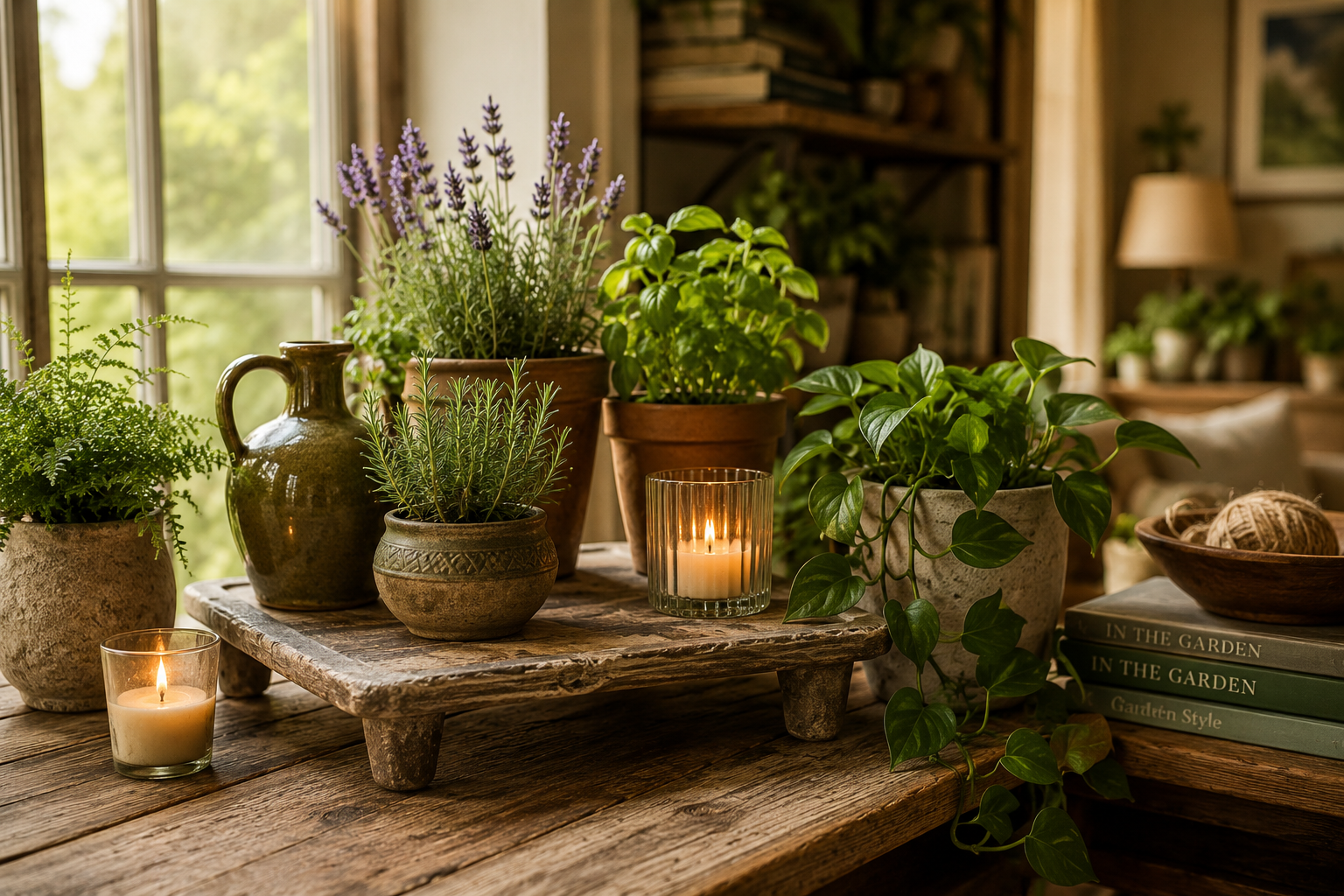 Sunlit indoor garden corner with potted herbs, leafy plants, books, and candles beside a large window.