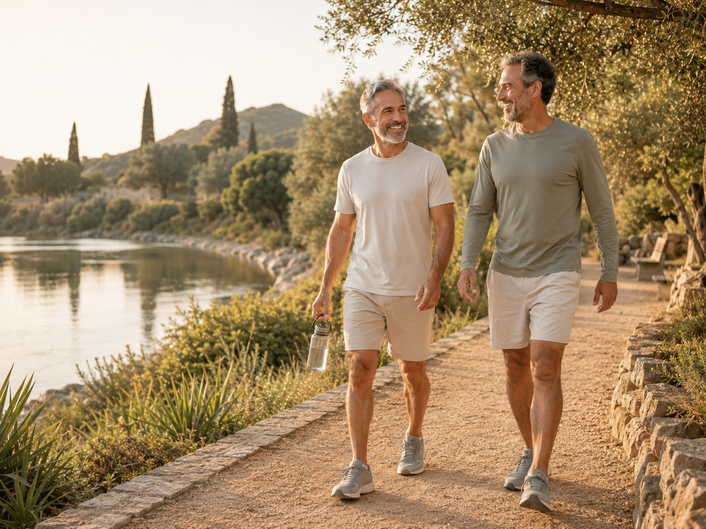 Two men walking together outdoors on a sunny path beside the water.