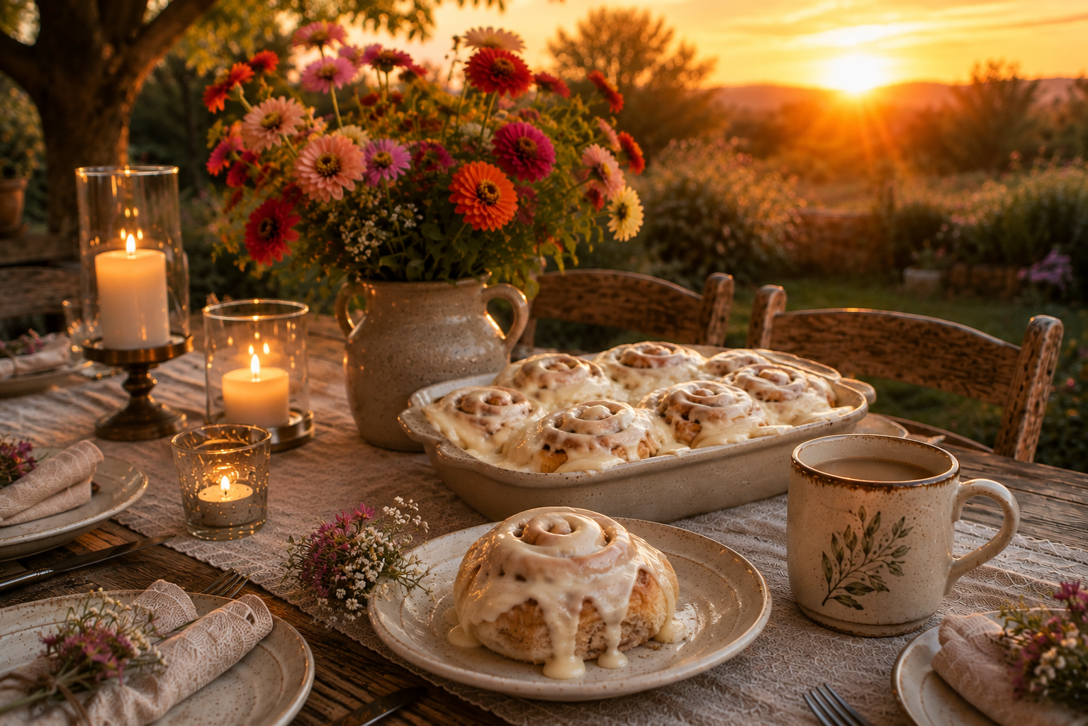Homemade iced cinnamon rolls served on a rustic outdoor table with coffee and fresh flowers at sunset.