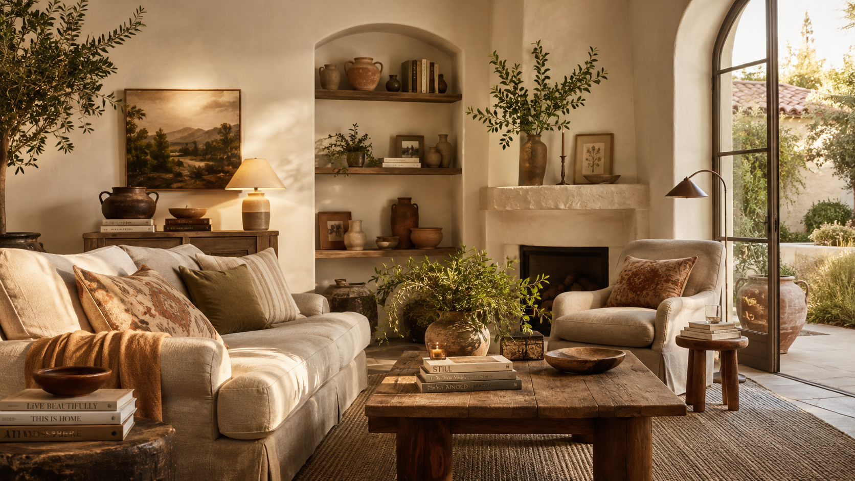 Warm, inviting living room with neutral furnishings, layered pillows, greenery, books, soft lighting, and a rustic wood coffee table.