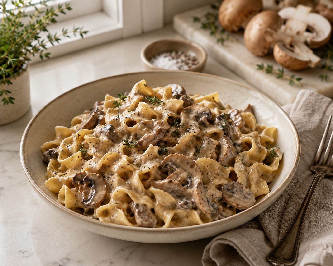 Creamy mushroom stroganoff with egg noodles, sauteed mushrooms and fresh thyme in a ceramic bowl.