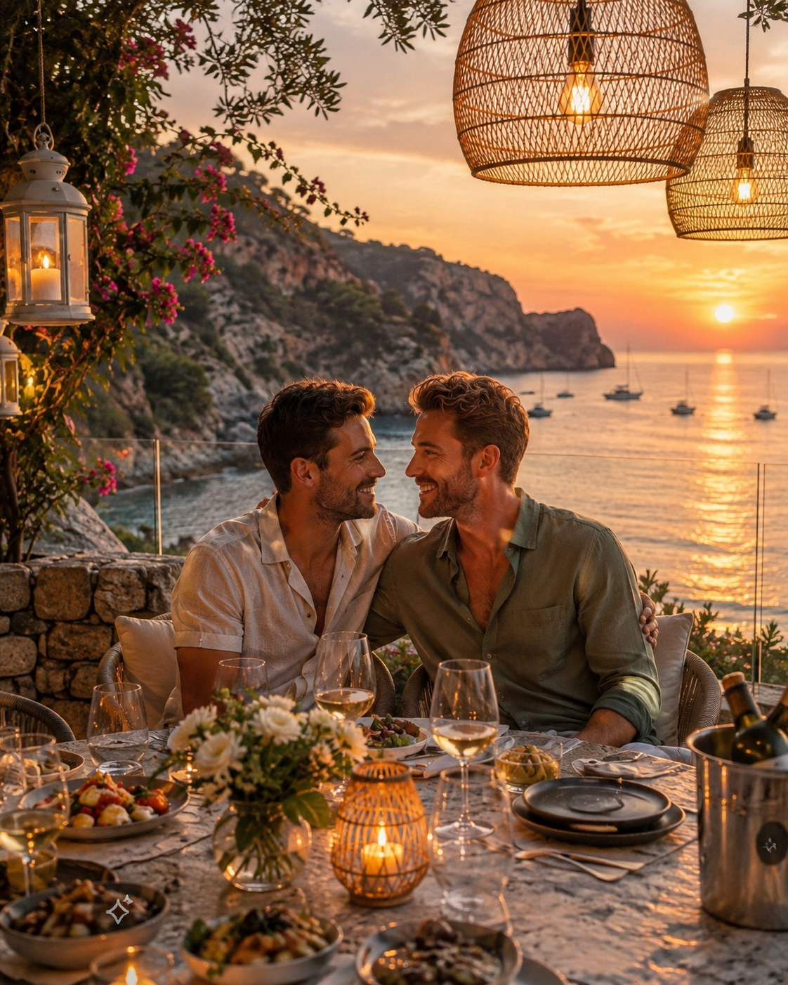 Couple enjoying dinner together on a seaside terrace at sunset with cliffs and sailboats in the background.