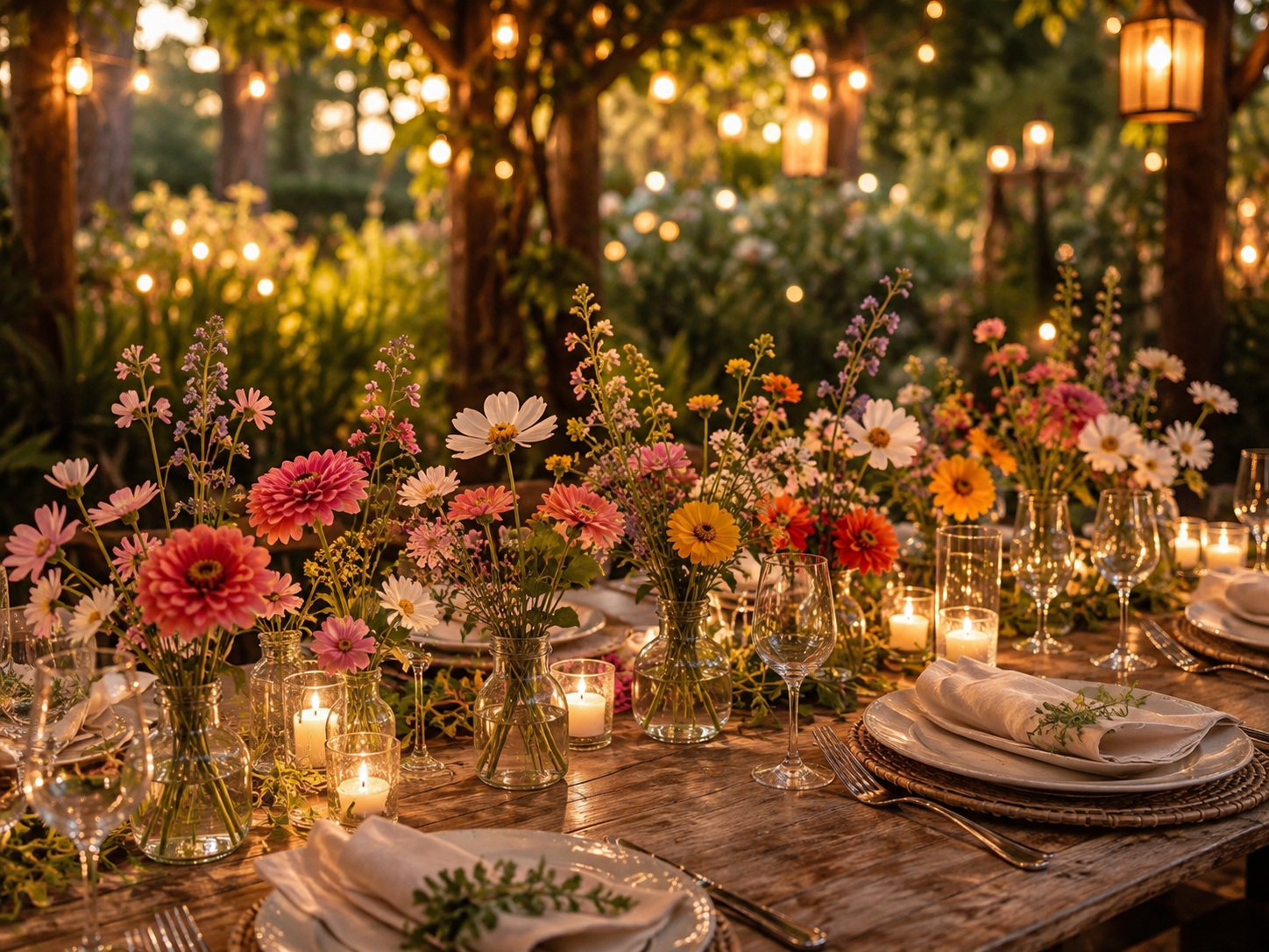 Colorful garden flowers arranged in glass vases on a candlelit rustic dining table.