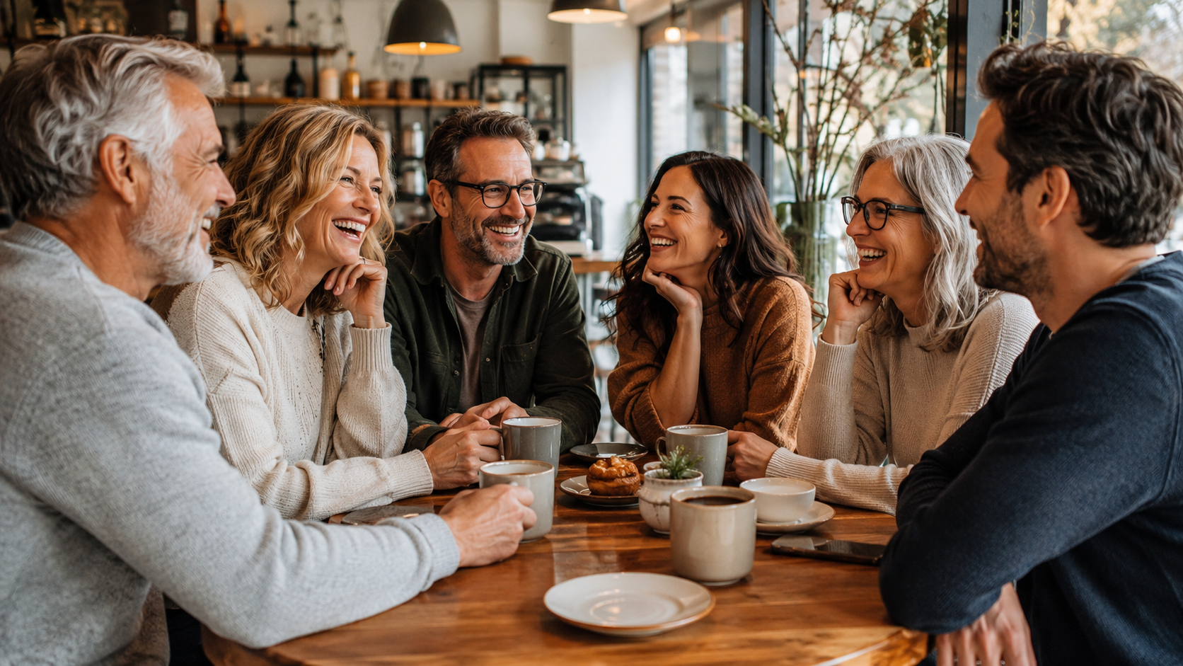 Group of adults enjoying coffee and conversation together around a café table.