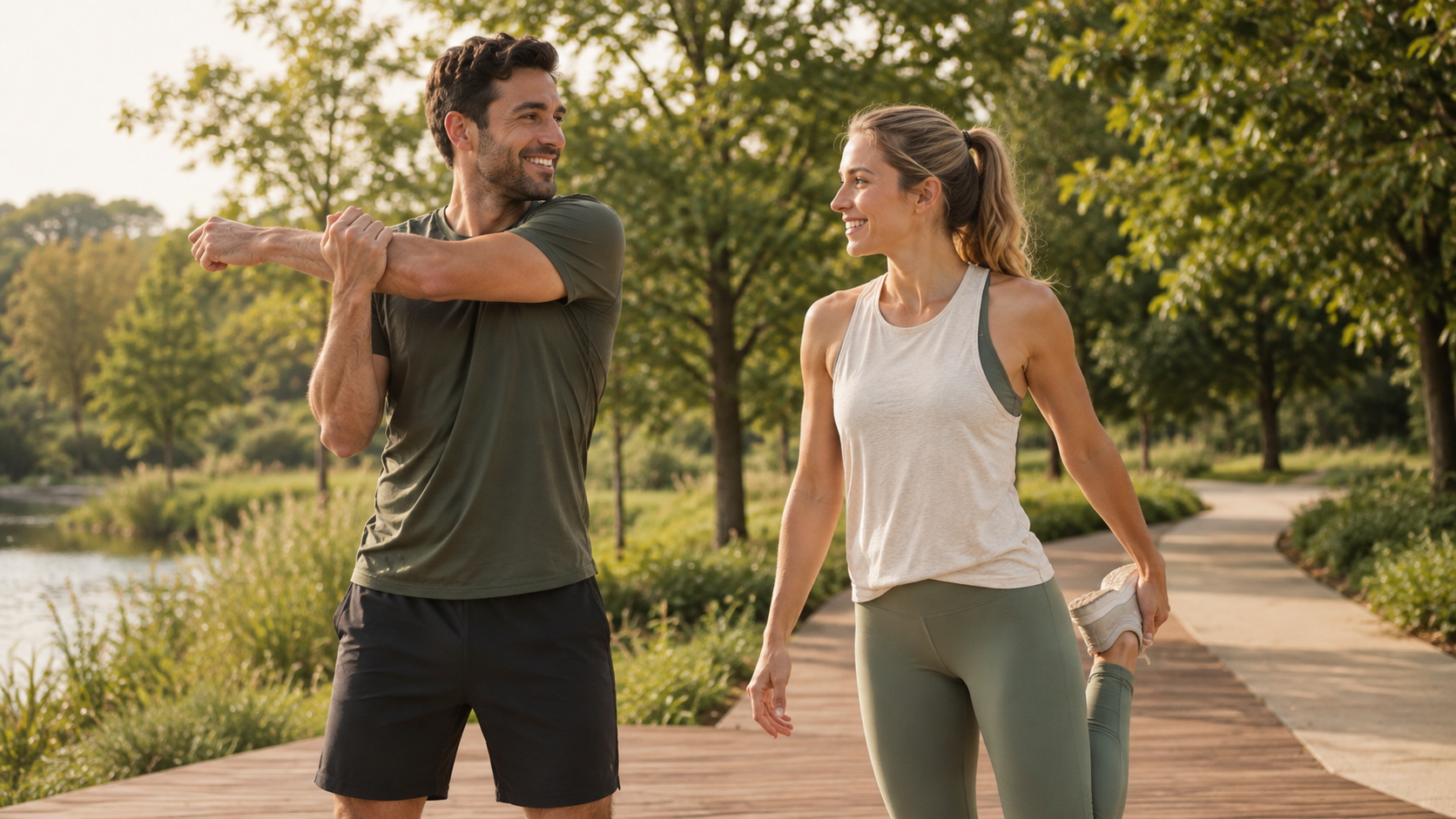 Man and woman stretching outdoors together on a sunny park path surrounded by trees.