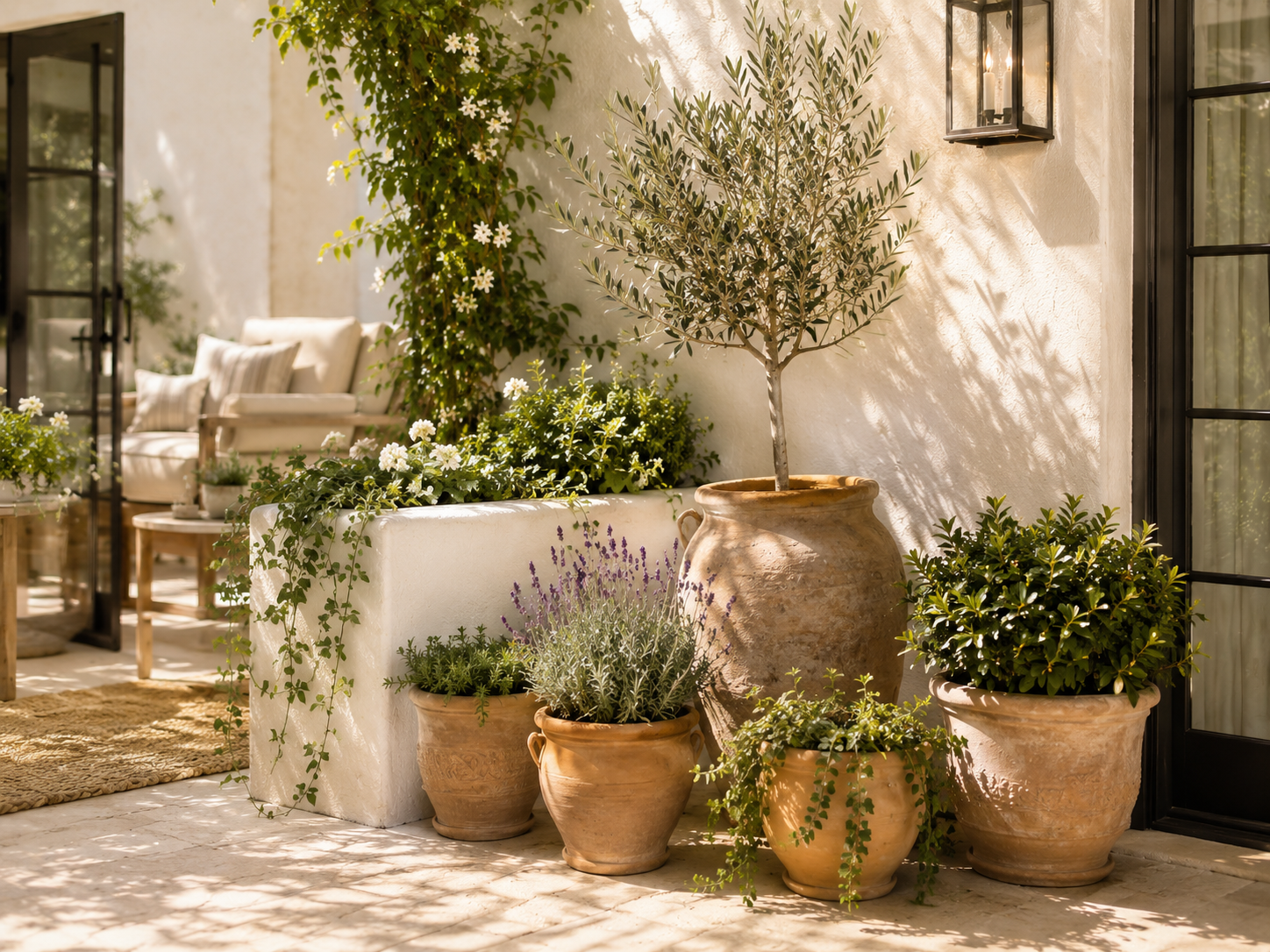 Terracotta pots filled with lavender, herbs, trailing greenery, and an olive tree on a sunlit patio.
