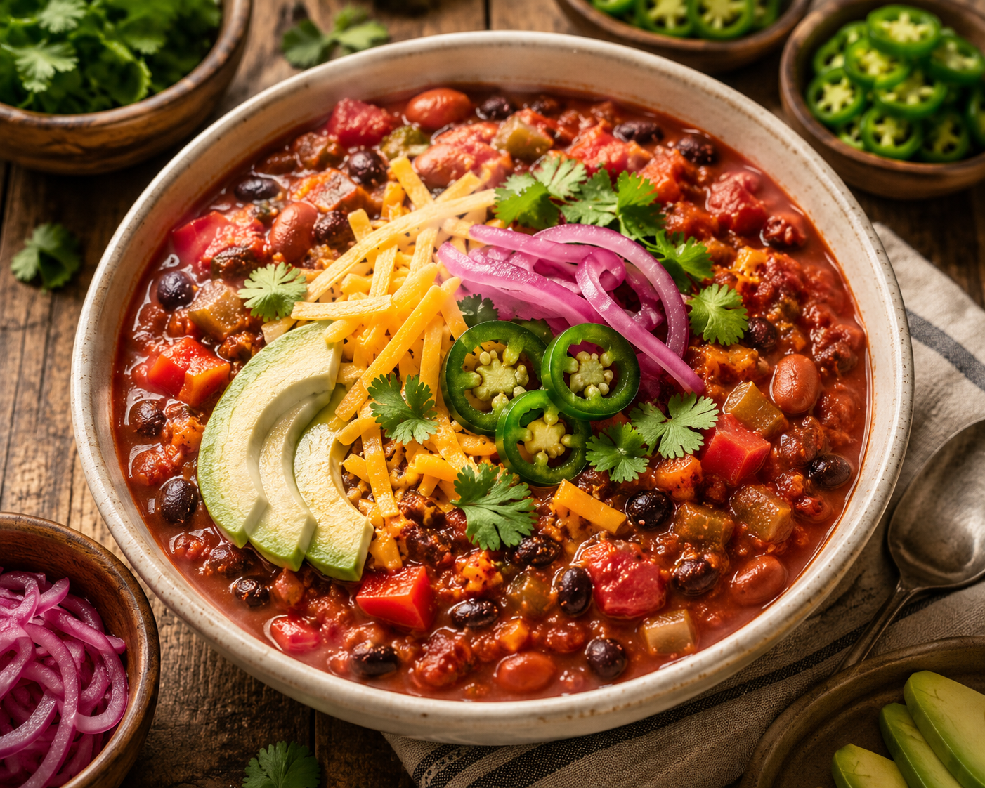Vegetarian chili with beans, tomatoes, avocado, cheddar, jalapeños, cilantro, and pickled red onions.