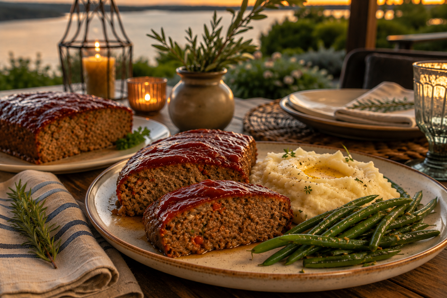 Homestyle meatloaf with a glazed top, served with creamy mashed potatoes and green beans.