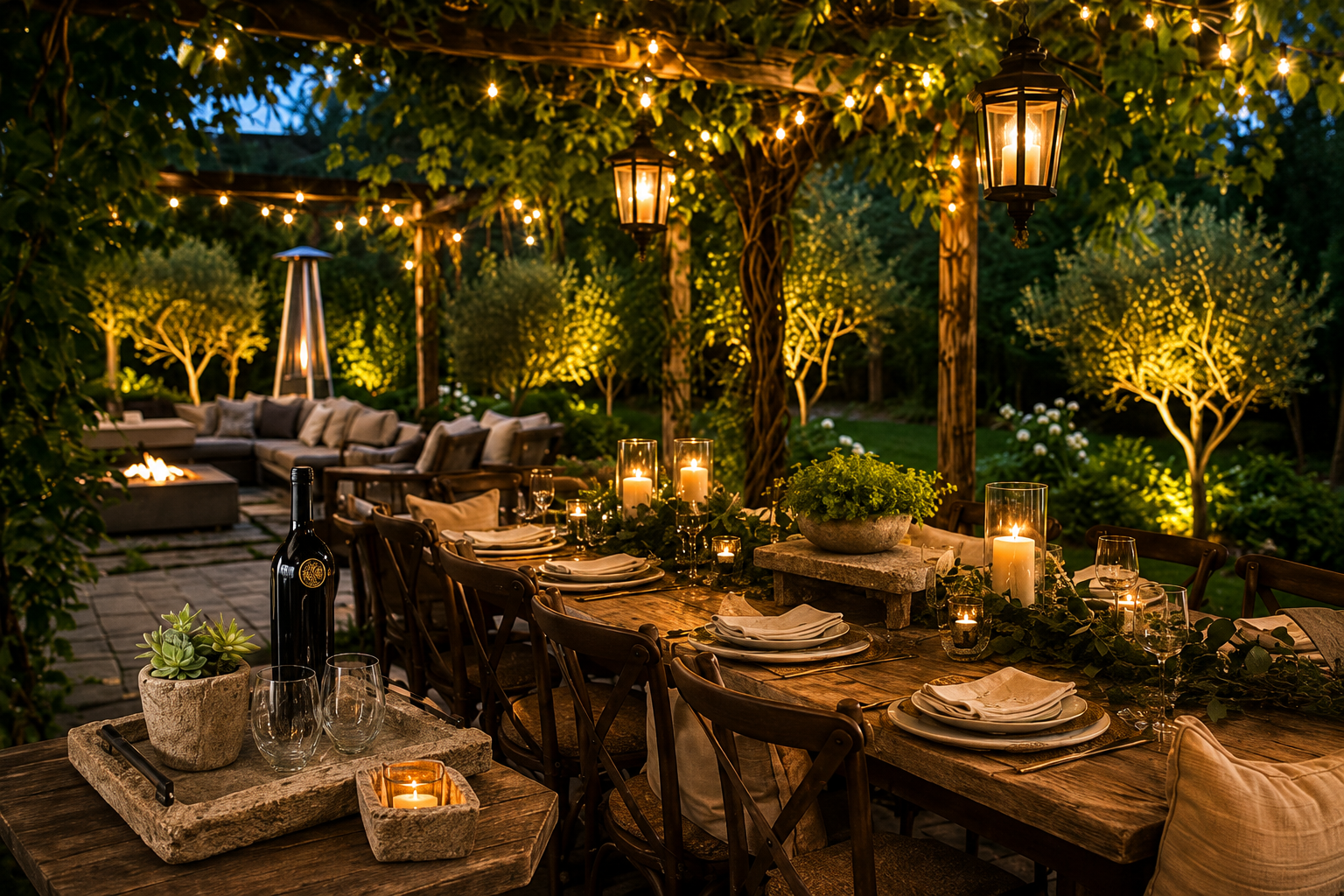 Warm outdoor garden table set for a late-summer evening gathering with candles, flowers, and string lights.