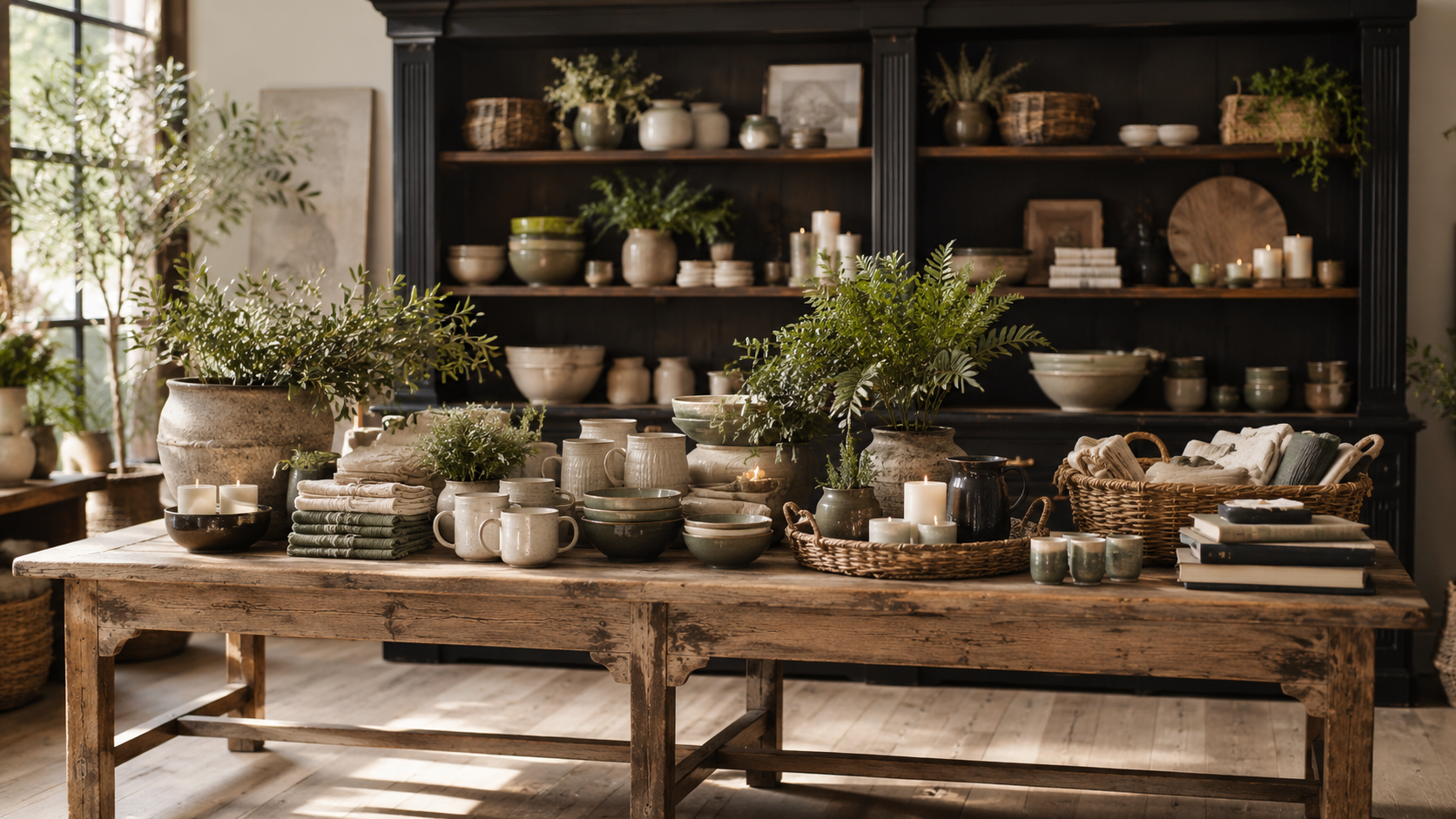 Curated collection of pottery, plants, baskets, linens, candles, and home decor displayed in a warm shop