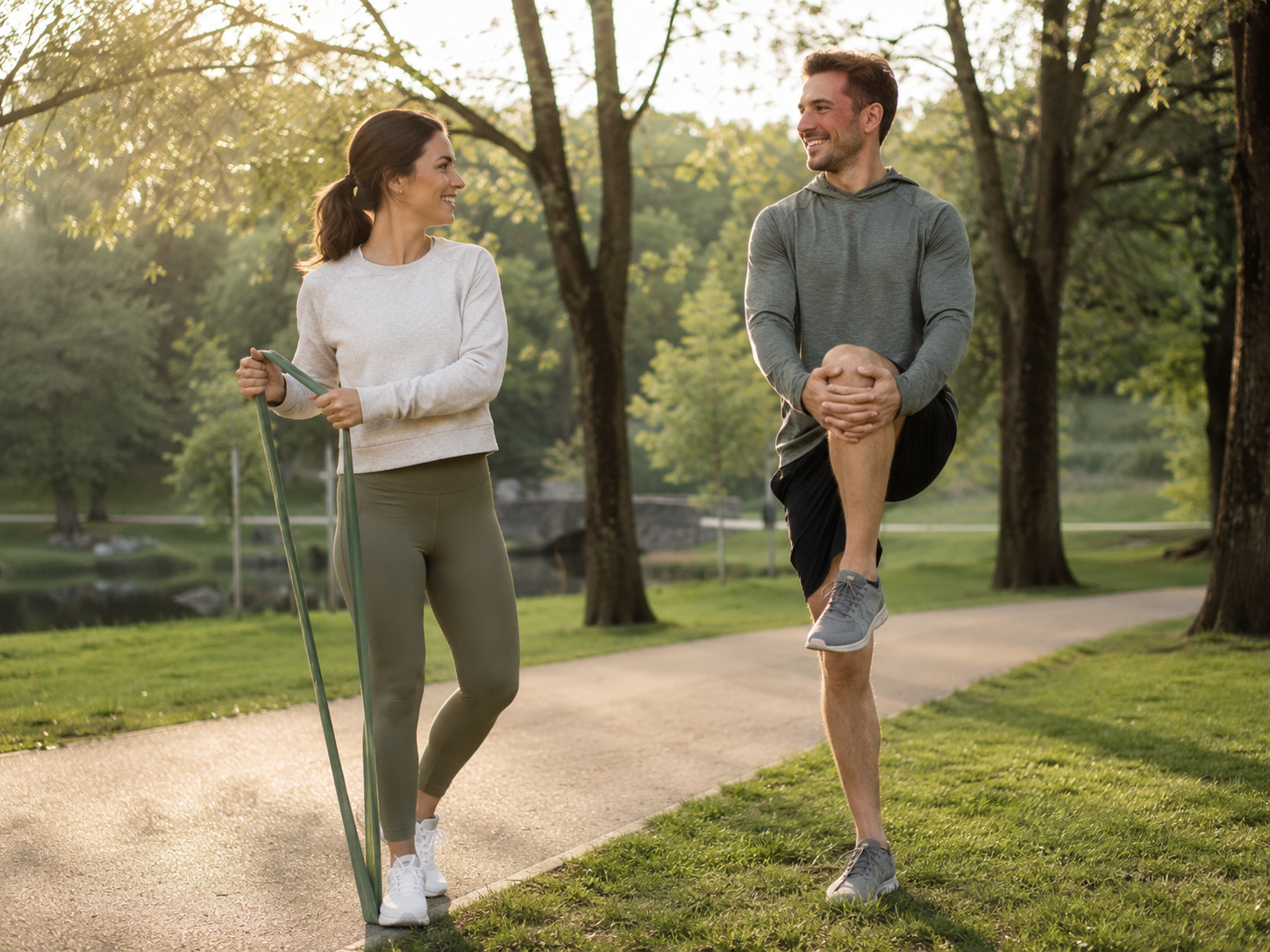 Man and woman stretching outdoors together in a sunlit park.