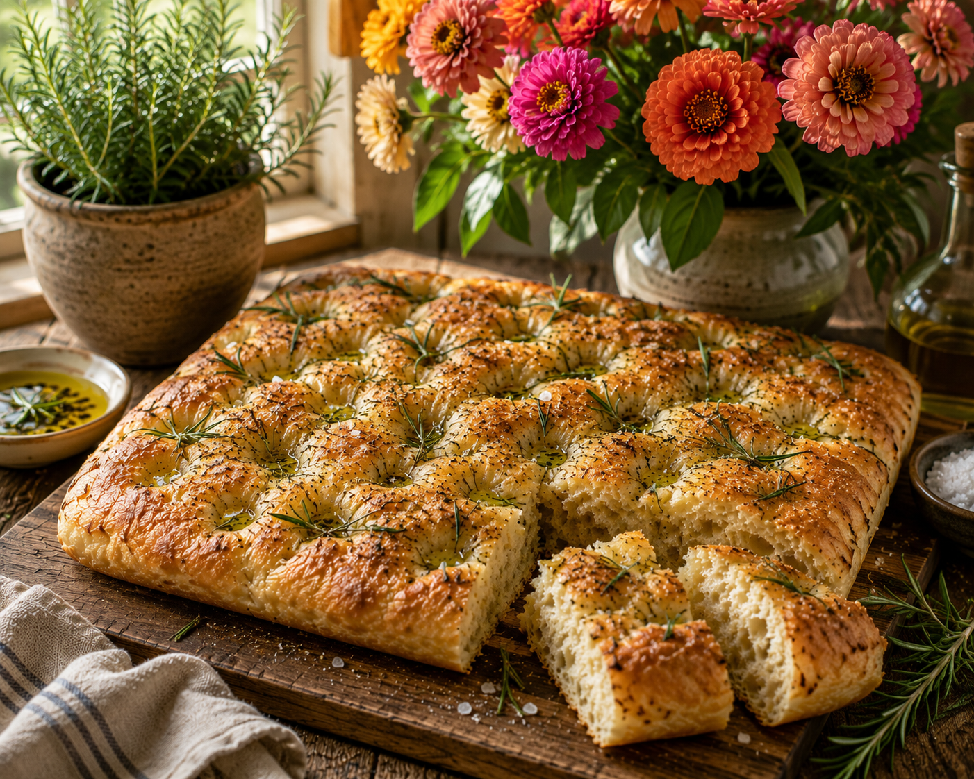 Rustic rosemary focaccia with a golden crust, fresh rosemary, and olive oil.