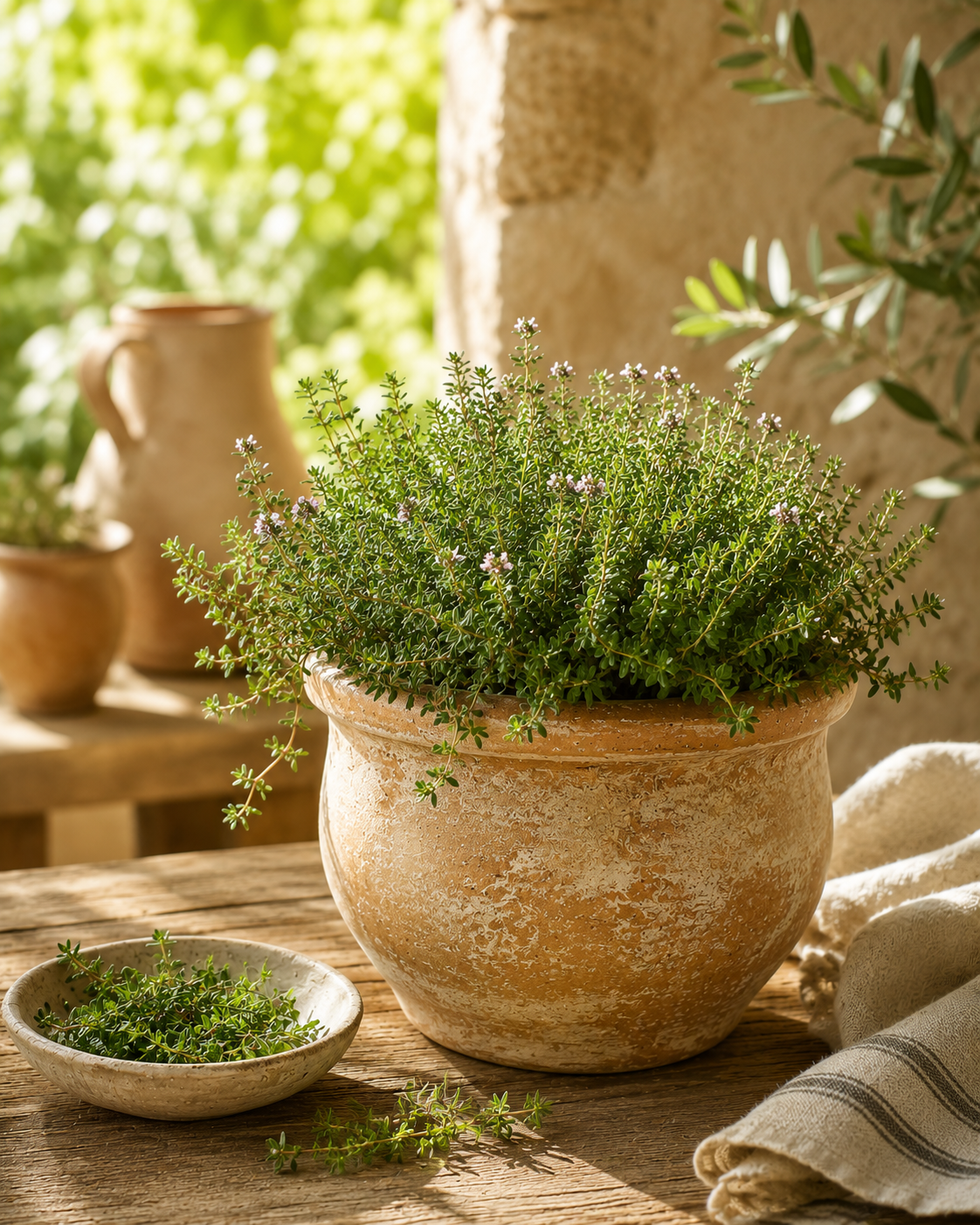 Fresh thyme growing in a rustic terracotta pot on a sunlit wooden table.