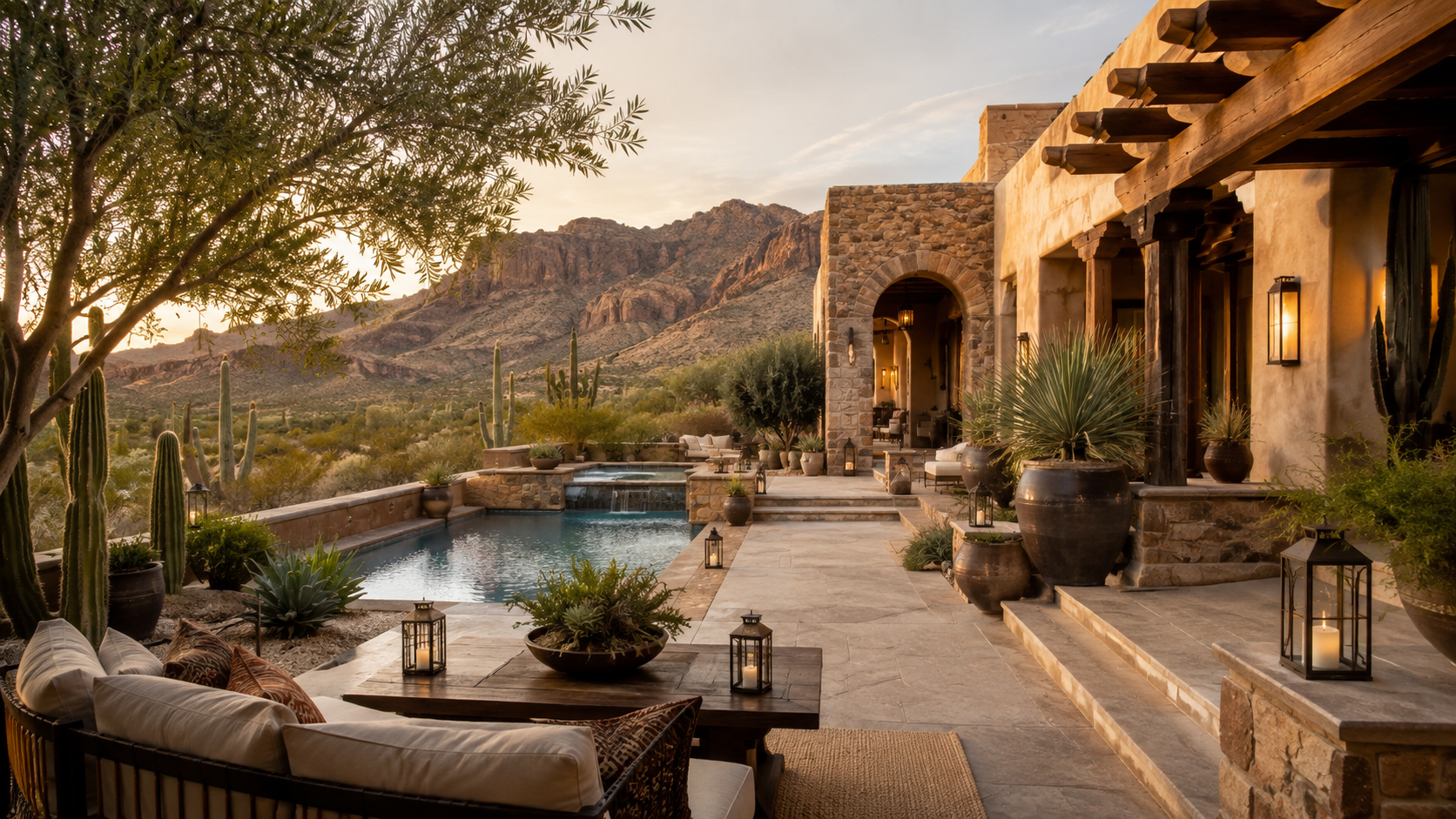 Desert resort with a swimming pool, stone terrace, mountain views, and Southwestern landscaping at sunset.