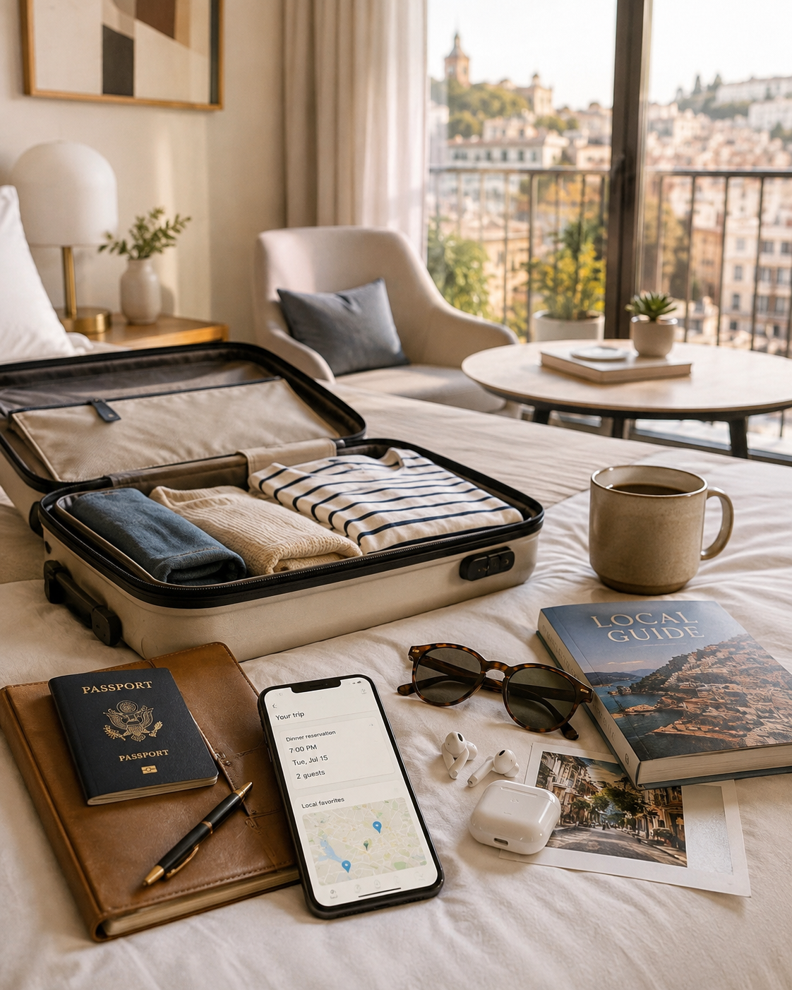 Open suitcase beside a passport, phone, travel guide, sunglasses, and other trip essentials.