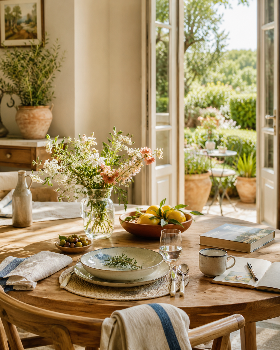 Sunlit home opening onto a lush garden with fresh flowers and fruit on the table