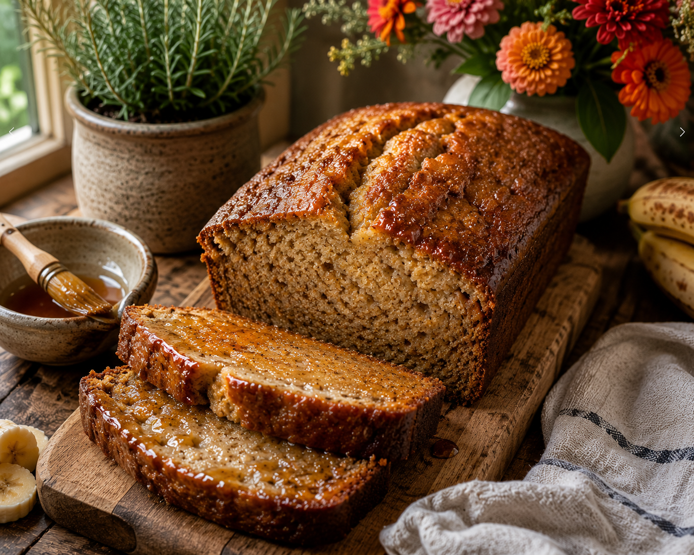 Maple-glazed banana bread loaf with two slices served on a rustic wooden board.
