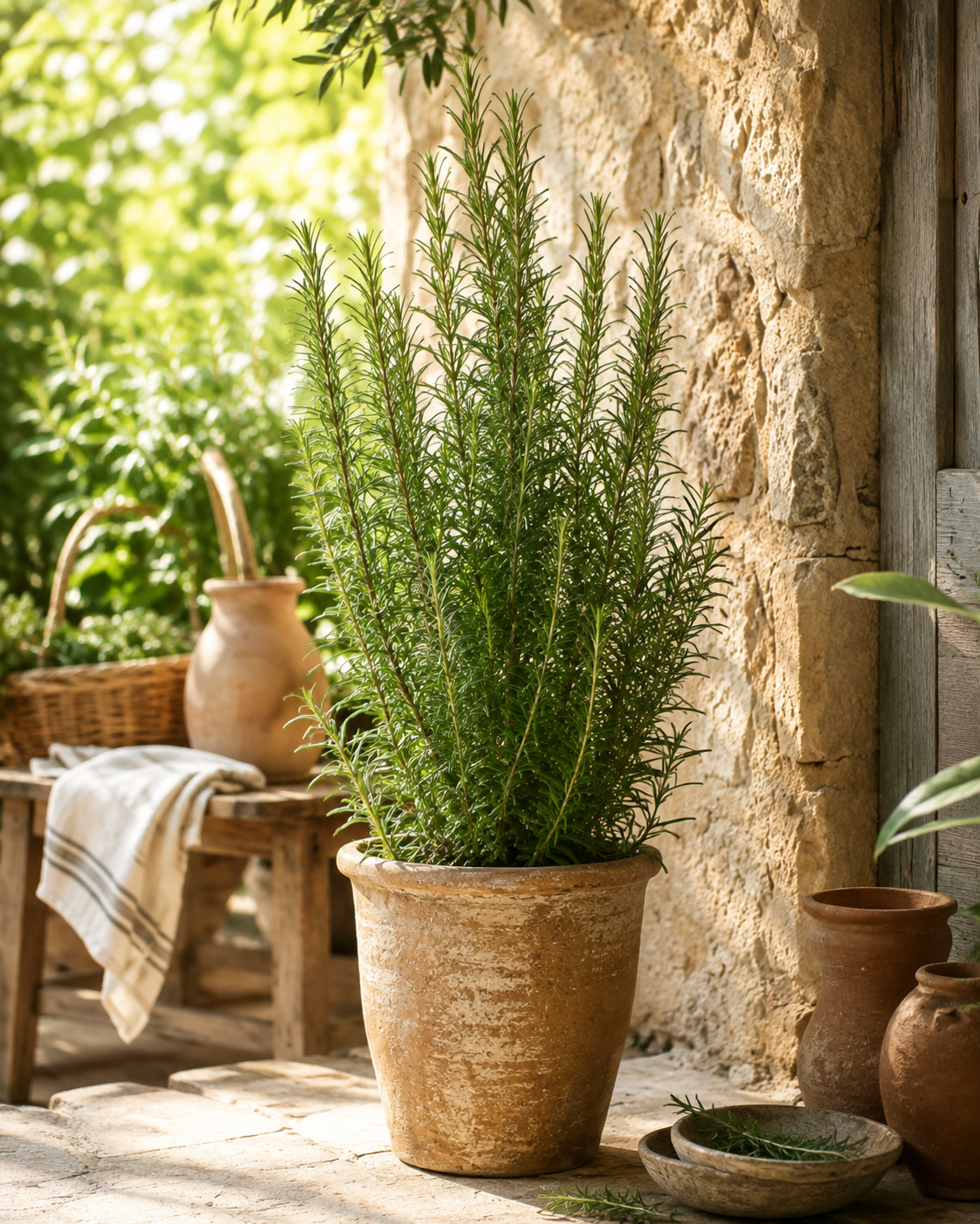 Fresh rosemary growing in a rustic terracotta pot beside a sunlit stone wall.