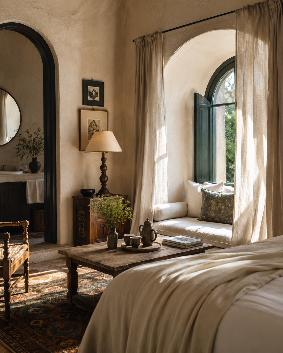 Cozy boutique hotel room with warm neutral decor, a window seat, and an inviting bed.
