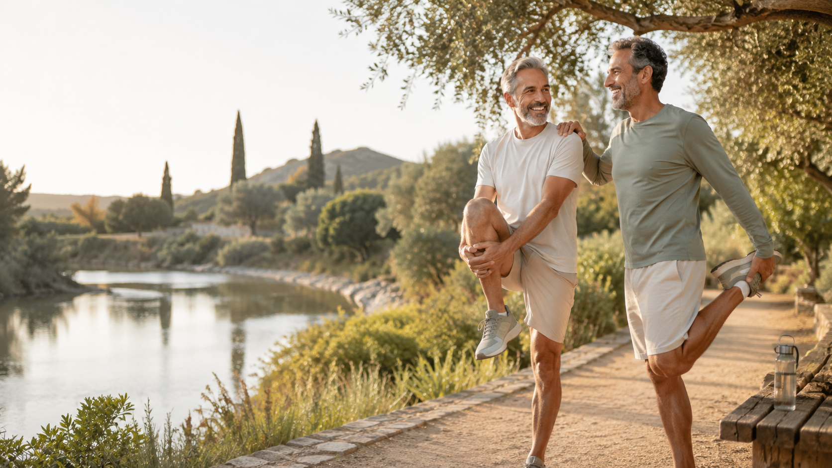 Two men stretching together outdoors on a sunny path beside a peaceful lake.
