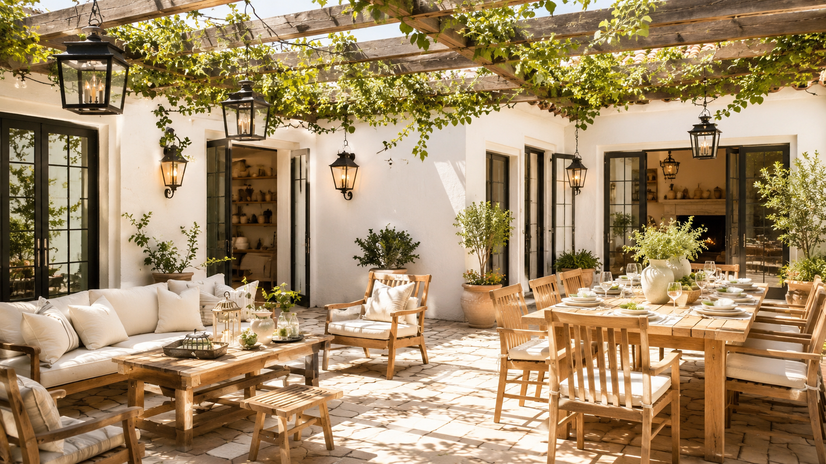 Sunlit Mediterranean-style patio with wooden outdoor dining and lounge furniture, neutral cushions, potted plants, and lanterns.