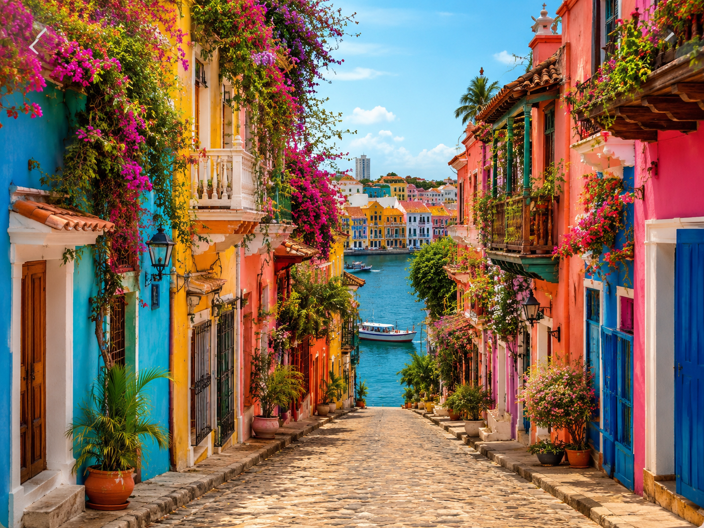 Colorful Mediterranean village street lined with flowers and charming historic buildings.