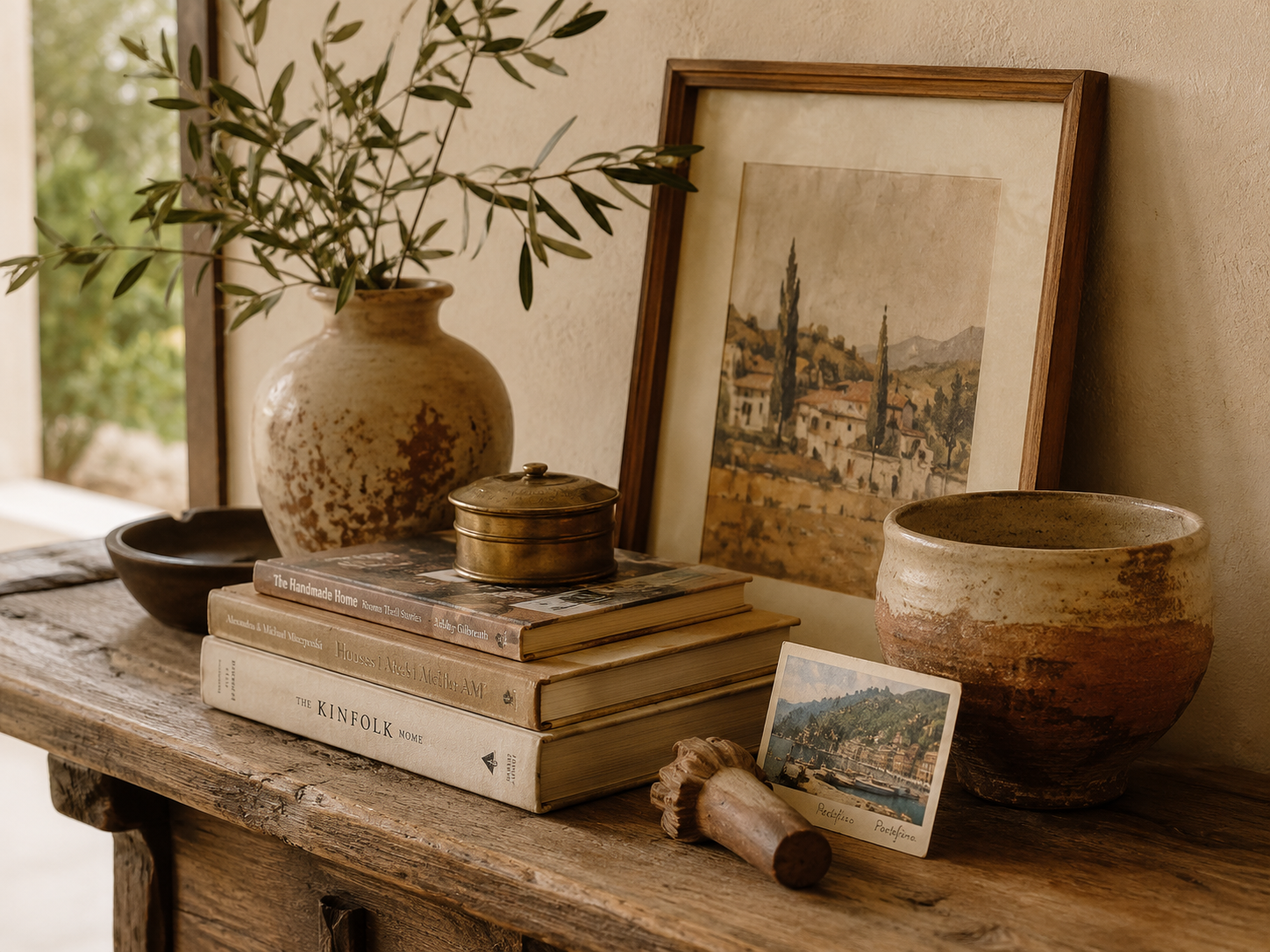 Warm, sunlit entryway styled with a rustic wood table, pottery, books, greenery, and a table lamp.