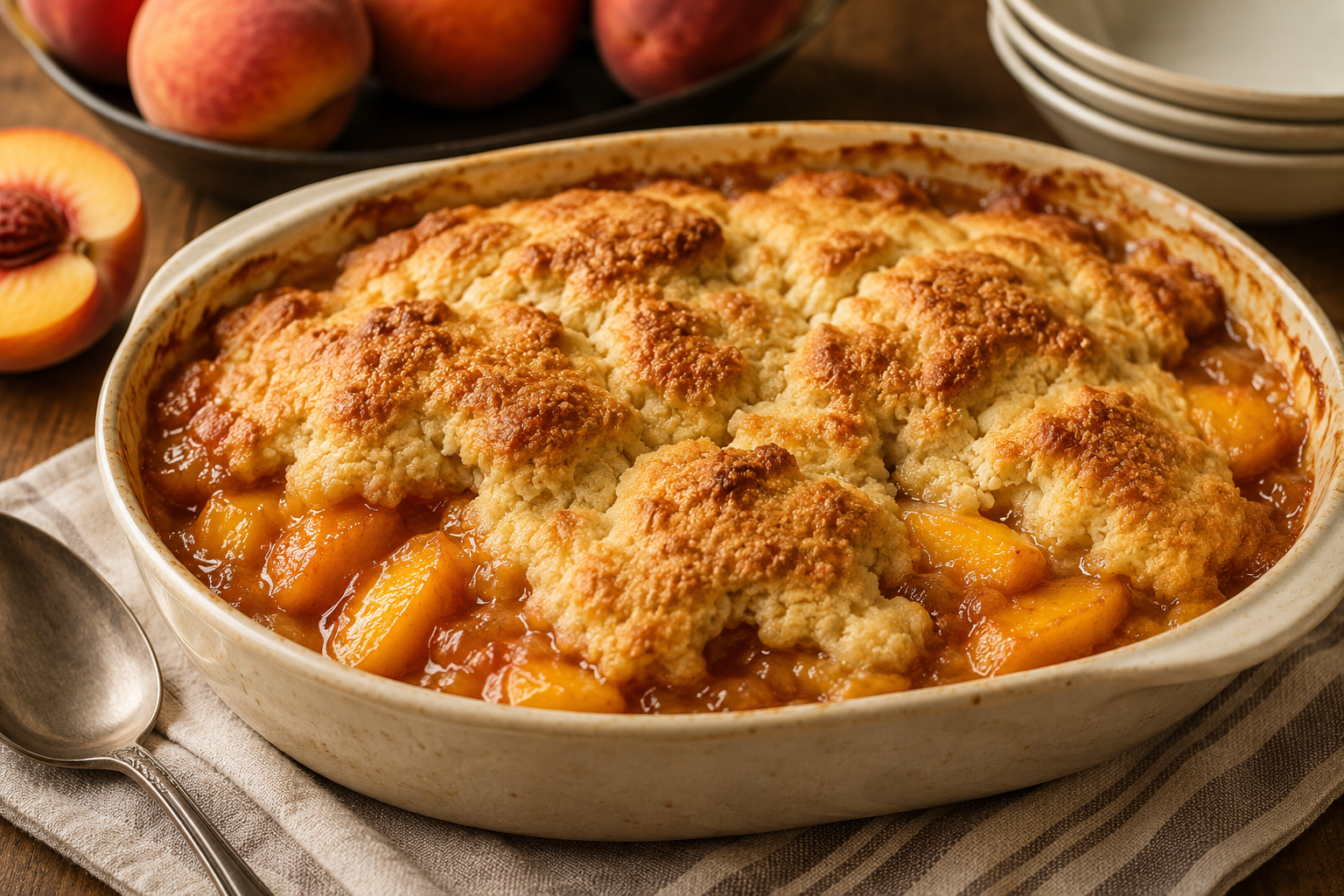 Summer peach cobbler with juicy peaches and a golden biscuit topping.