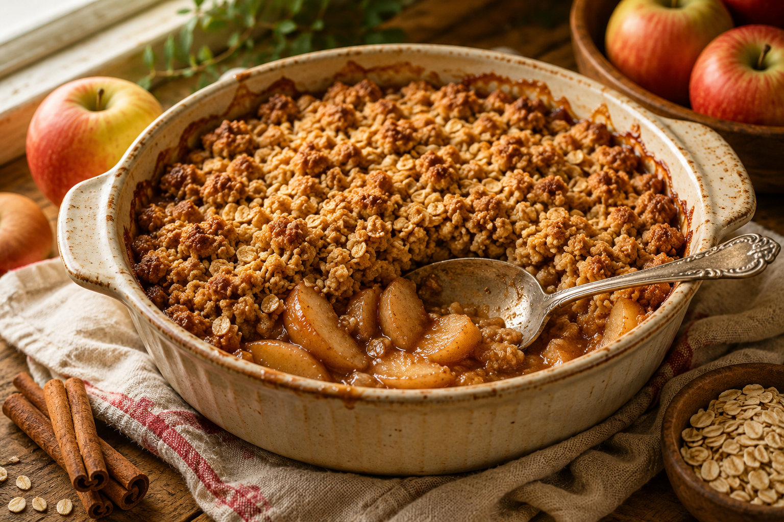 Classic apple crisp with tender cinnamon apples and a golden oat crumble topping.