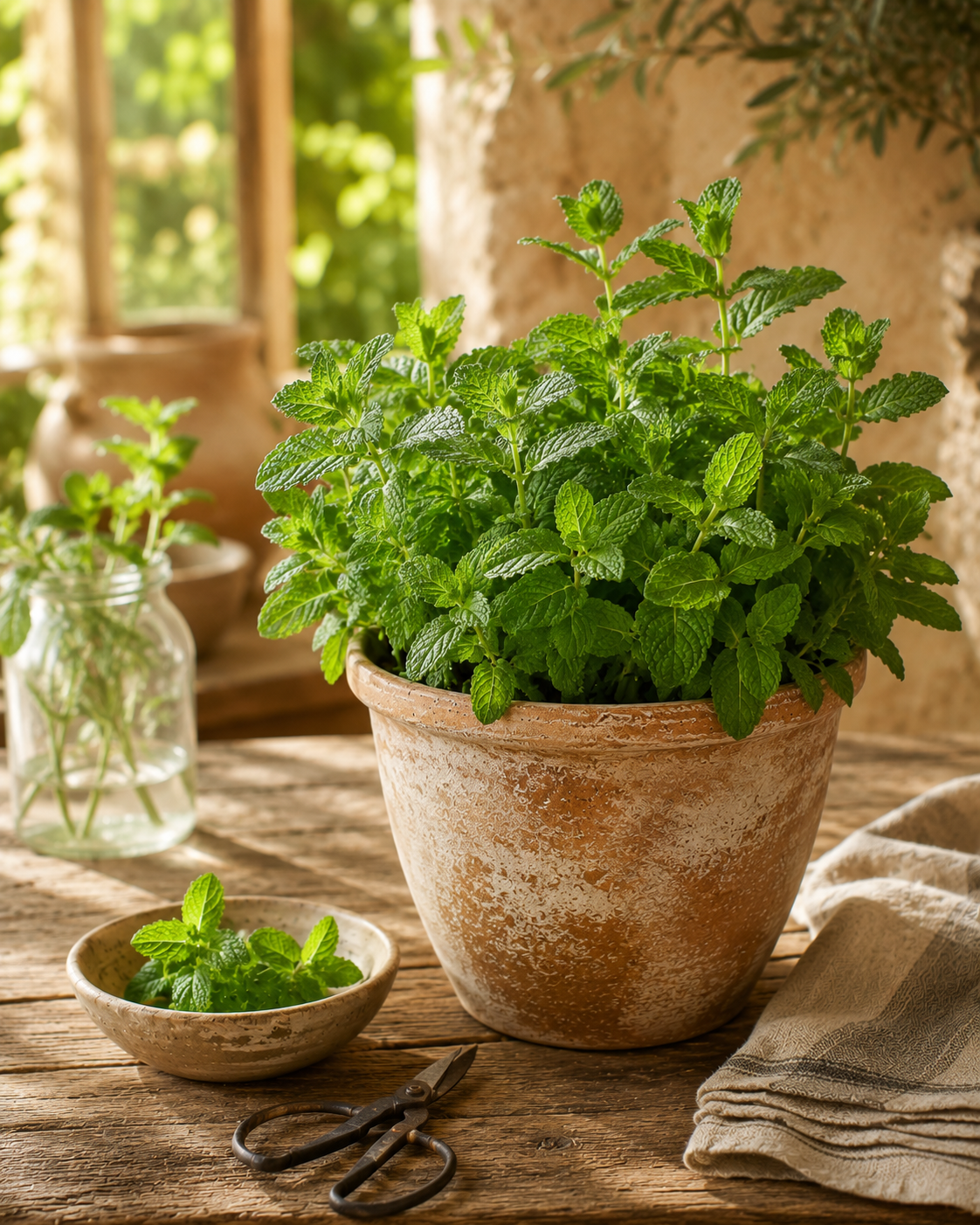 Fresh mint growing in a rustic terracotta pot in warm sunlight.
