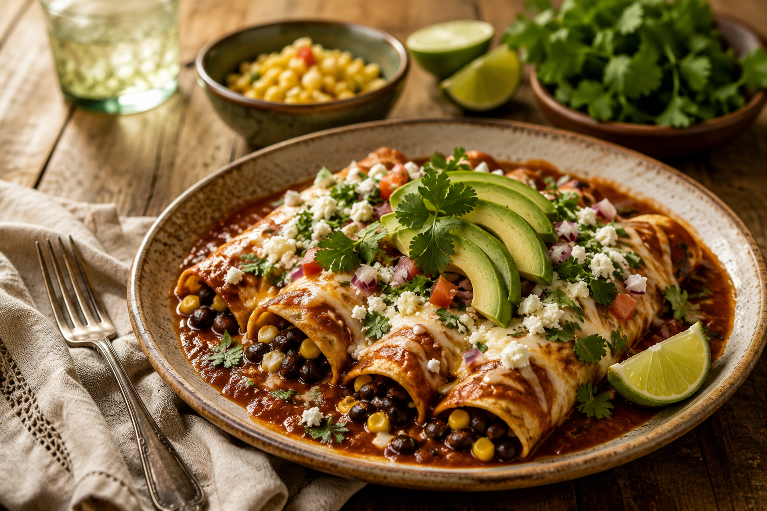 Santa Fe black bean enchiladas topped with avocado, cheese, cilantro, and fresh lime.
