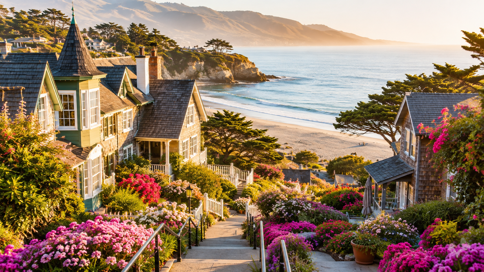 Colorful coastal cottages and flower-filled gardens overlooking a sandy beach and calm blue ocean.