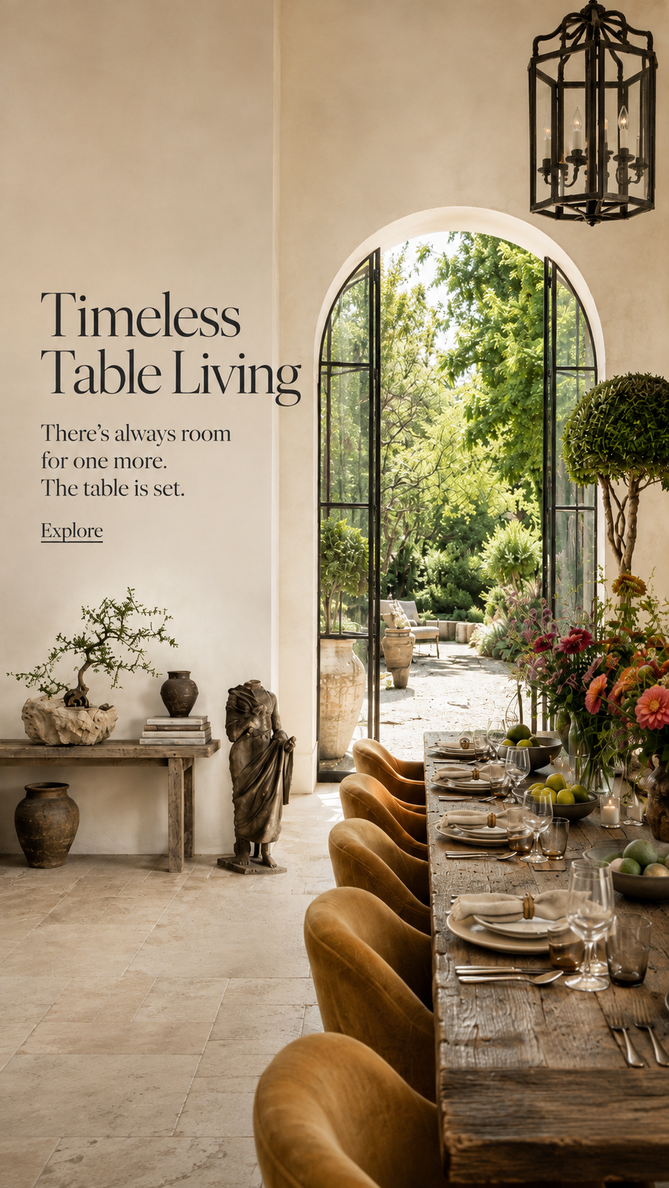 Timeless Table Living welcome image with open arched doors overlooking a sunlit green garden.