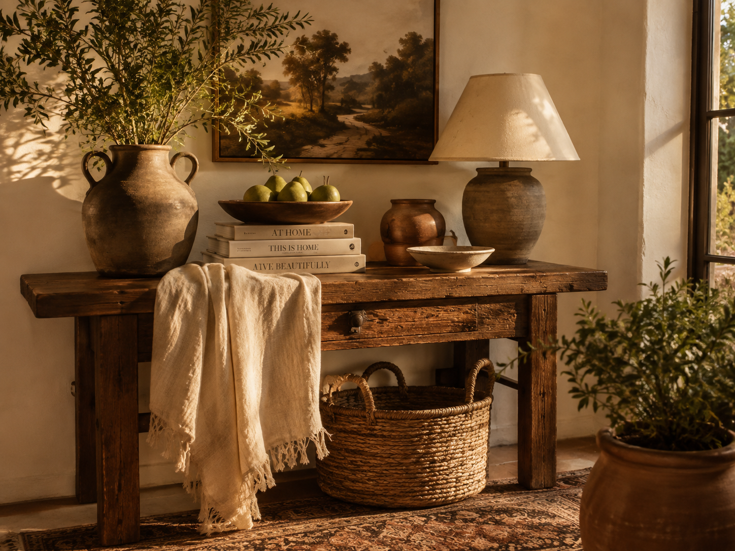 Warm, sunlit entryway styled with a rustic wood table, pottery, books, greenery, and a table lamp.