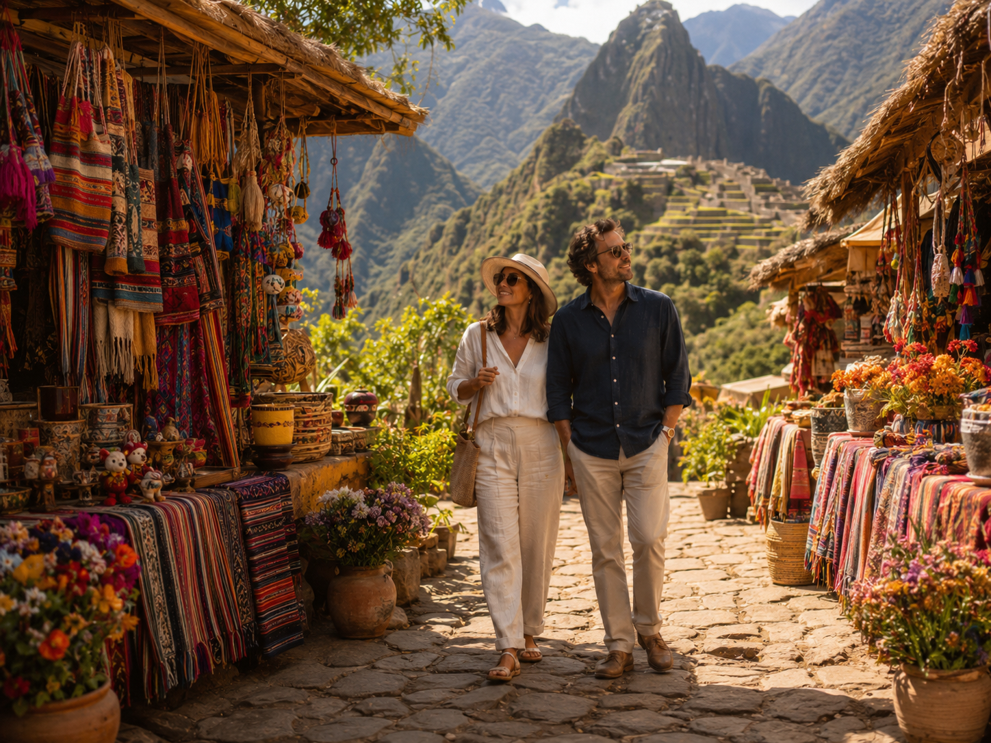 Couple exploring a colorful outdoor market near Machu Picchu in Peru.