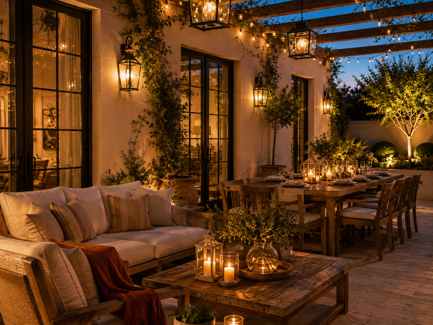Warmly lit patio with lanterns, candles, comfortable seating, and an outdoor dining table at dusk.