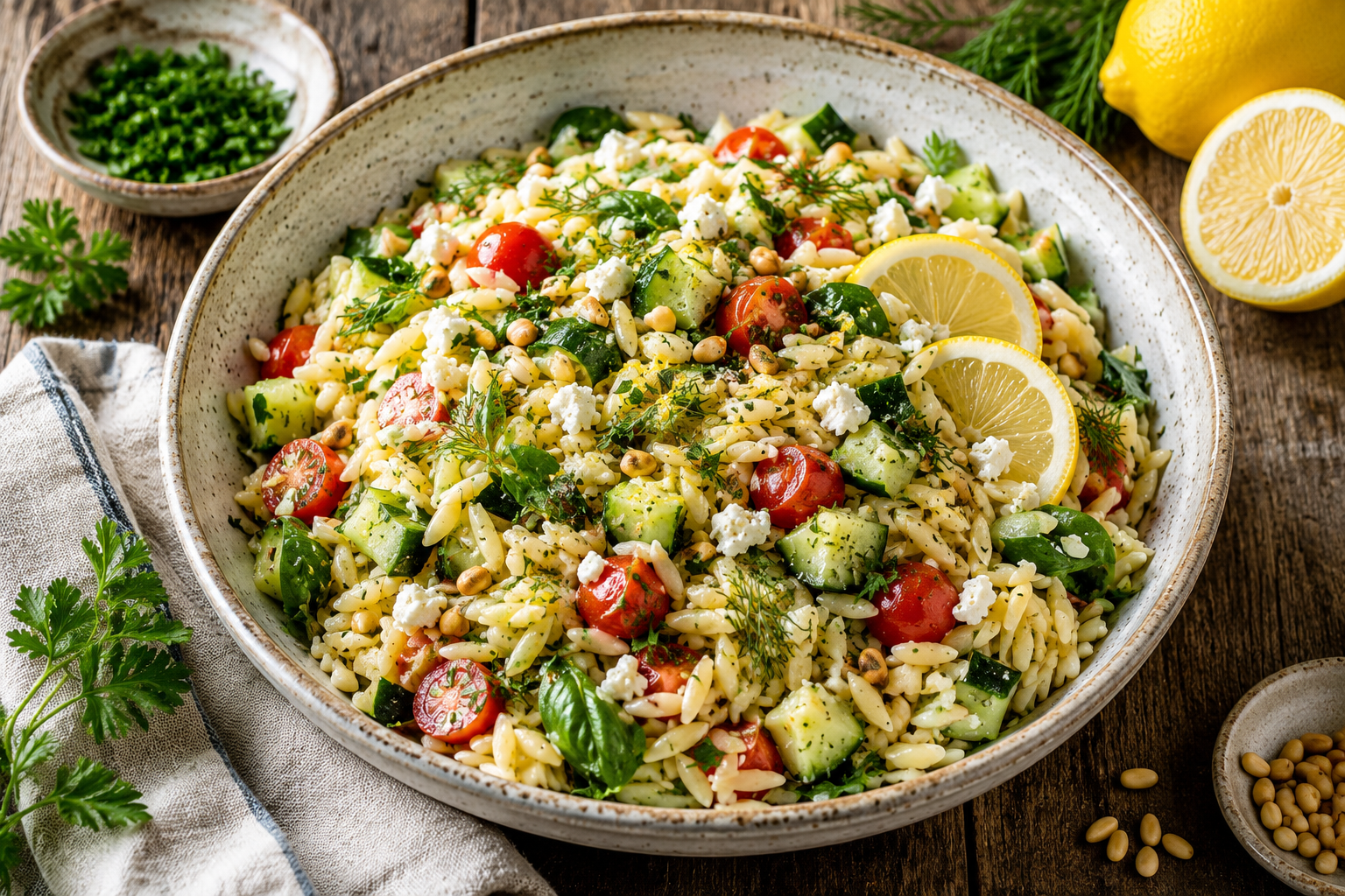 Lemon herb orzo salad with tomatoes, cucumber, feta, fresh herbs, and lemon slices.